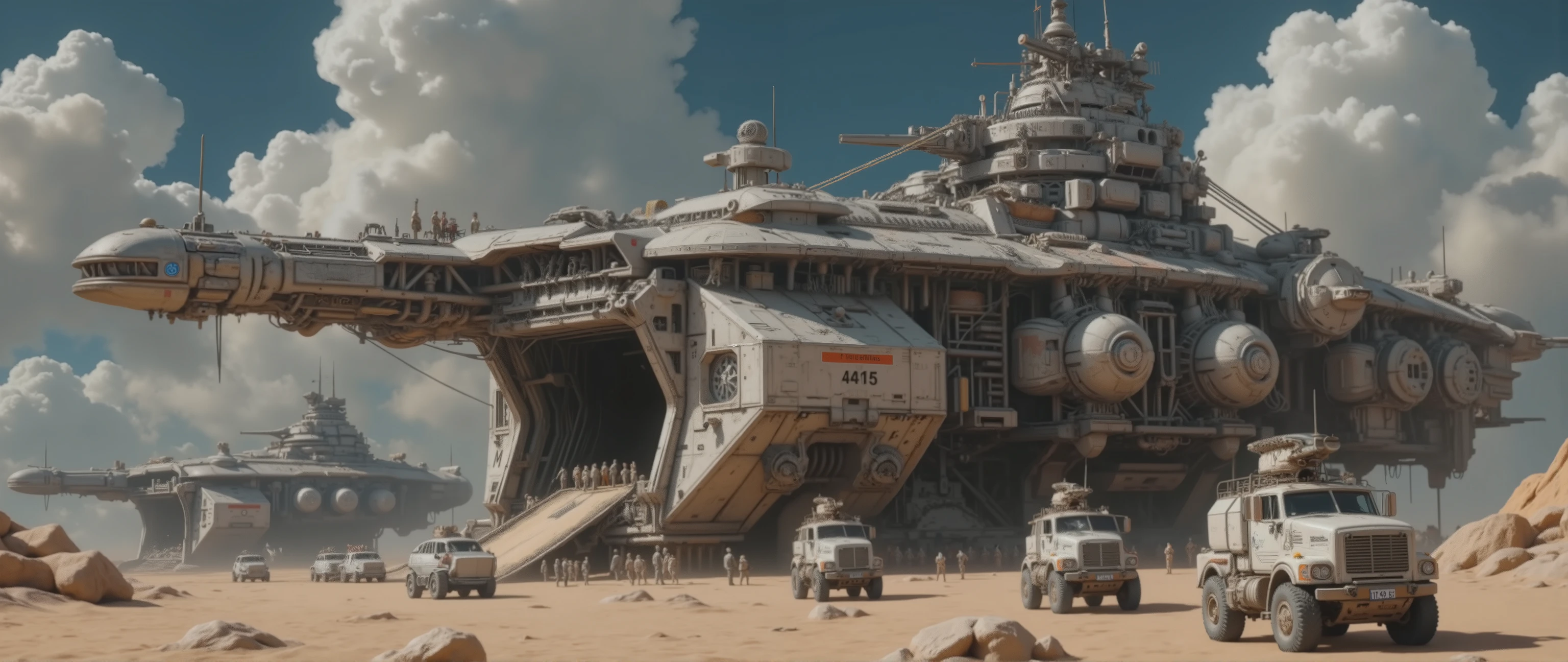 studio mega epic oil painting  , 16 thousand.,  artistic masterpiece ,   correct gravity   , incredible detail, thousands of small details, excellent drawing of objects of all plans, sharp image,  The fantasy zone   , 3000 years old ,  a very futuristic landscape with fantastic warships and mechanisms ,    on a mysterious tropical planet   ,  Star Wars Mega Coruscant Colony Cosmodrome , a mega epic transport starship opens the ramp to land a large number of different military equipment for the invading army, The starship is a powerful Imperial Starfleet battleship, very armored in protective gray, burnt color with tactical numbers and a large number of small artillery bastions on the upper deck and along the sides, There are amphibious transports among the starship disembarking and leaving the internal transport hangar, heavy very powerful military fuel trucks and other military combat mechanisms and devices, The combat transport starship is very detailed and has a very low landing and large spacious hangars for transporting a large number of objects, , the starship stands huddled to the ground to increase its stealth, a grand landing of occupation invaders is underway, a whole mechanized division is disembarking from the starship, aerial view of the landscape from a great height