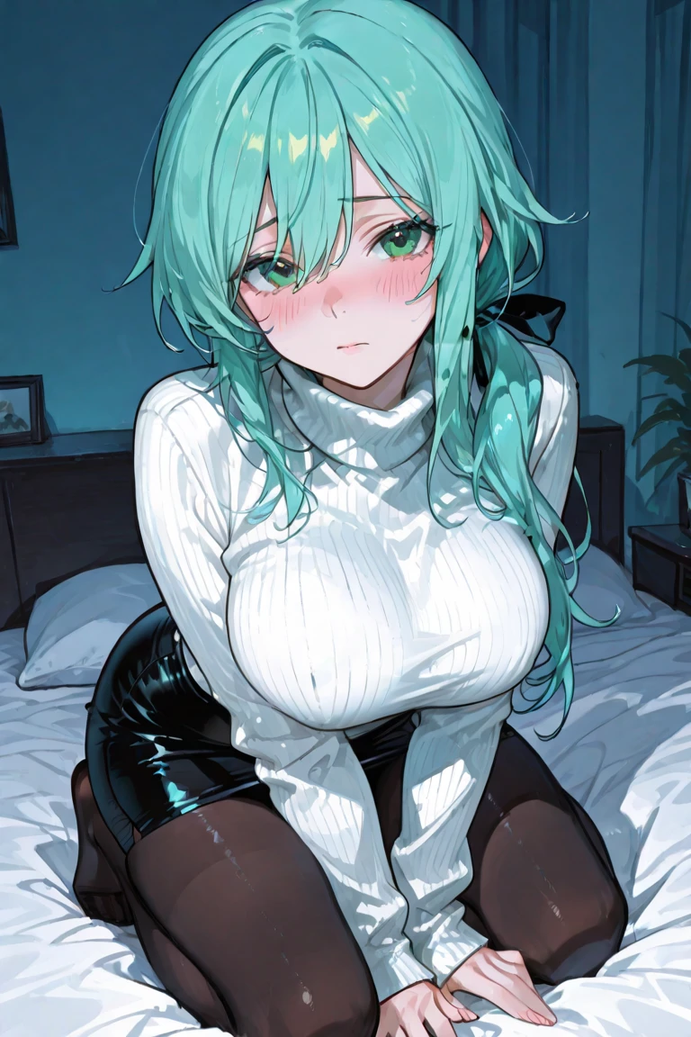 girl, large black sweatshirt, sitting posture, calm look, Sitting in front, legs open, a dark room, evil eyes, sexy pose, erotica,  glowing skin, Looking ahead, facial expression