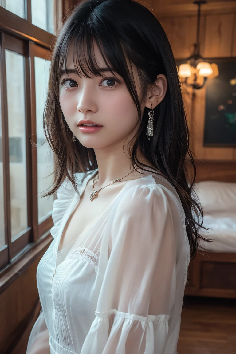 (Highest quality:1.4),(masterpiece:1.4),(Realistic:1.4),(Realistic:1.2),(超High resolution, RAW Photos:1.4),(High resolution, Ultra-detailed:1.2),(8k:1.2),View your viewers,Cinematic photography,One girl,skeletally correct,Black-haired woman,Woman in her early 20s,(Small earrings,necklace,Floral frill dress),(Western-style building interior,Dimly lit room,The lamplight shines on my cheeks)