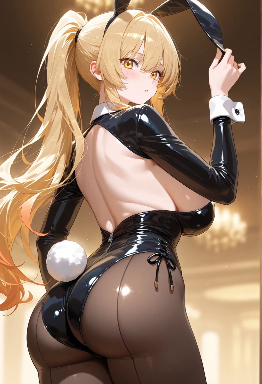 (Bunny girl),((Luxurious)),Revealing clothing,(In a naughty way),Cute little ,Tiny ,Small girl,,Childish face, Very fine clean face,Top quality, Big eyes,Straight Hair,Yellow hair,Crimson Eye,(Dark Room), Subtle light, Natural light,Soft lighting,Light from directly behind, (Are standing), Cute pose, (Open your hands), Showing the whole body,Front view,Black background