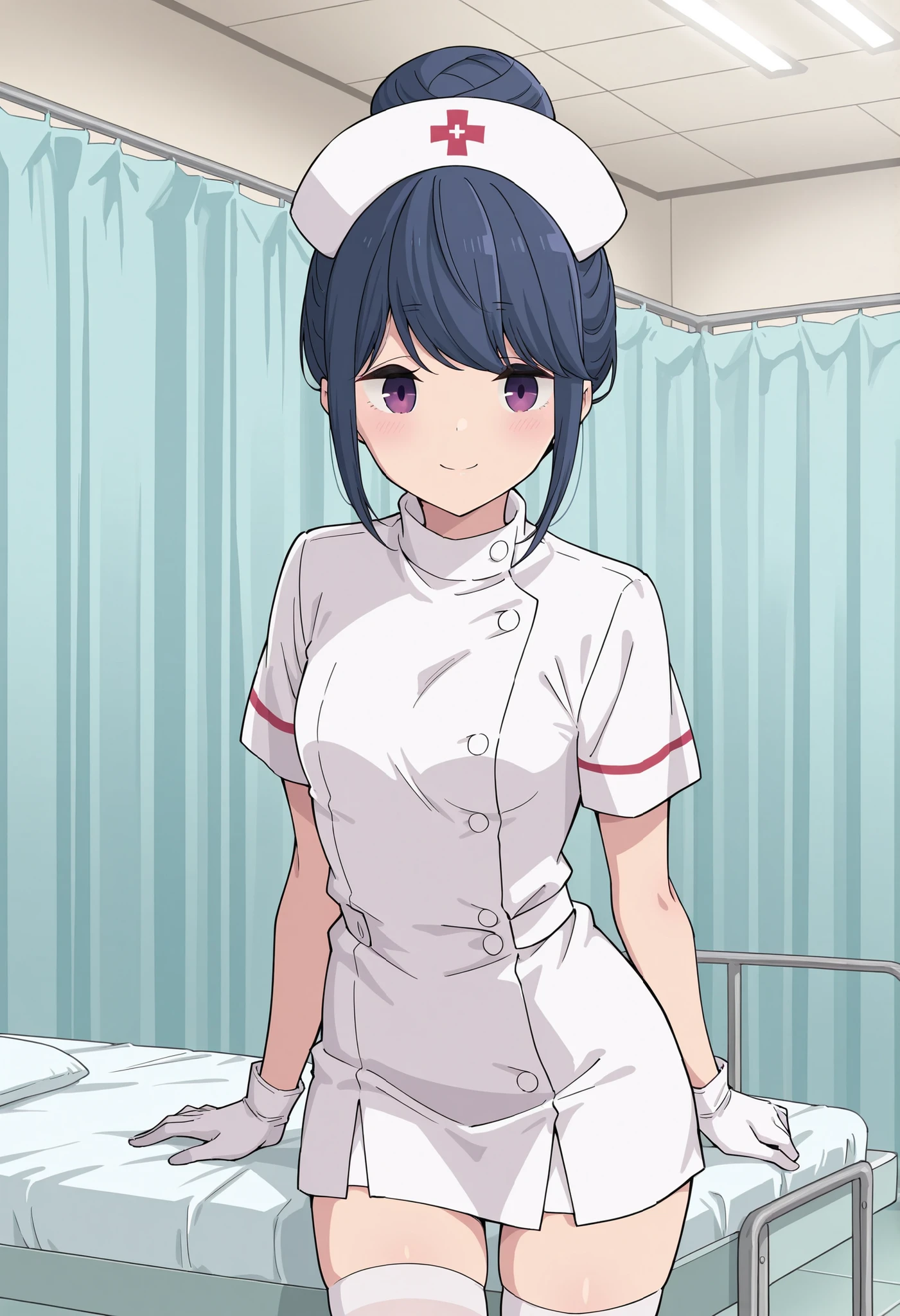 Score_9, score_8_up, score_7_up, source_anime, rin shima, solo, single hairbun, sidelocks, dark blue hair, purple eyes, small breasts, (best quality), (high quality), {masterpiece}, extremely delicate and beautiful, ultra-detailed, beautiful detailed eyes, nurse, nurse hat, ((white nurse's outfit)), white gloves, white thighhighs, hospital room, smile, closed mouth, standing