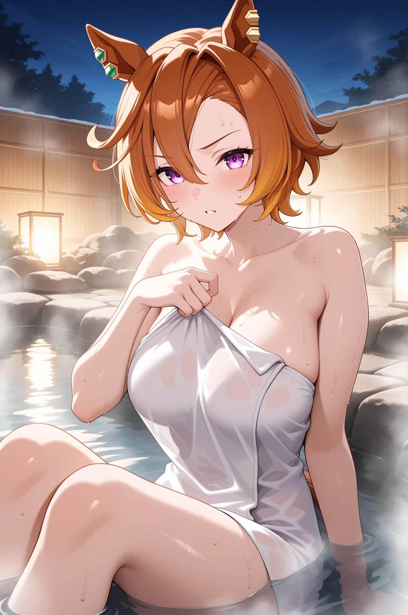 1girl, ultra high res, large chest, cleavage, onsen pool, bathrobe