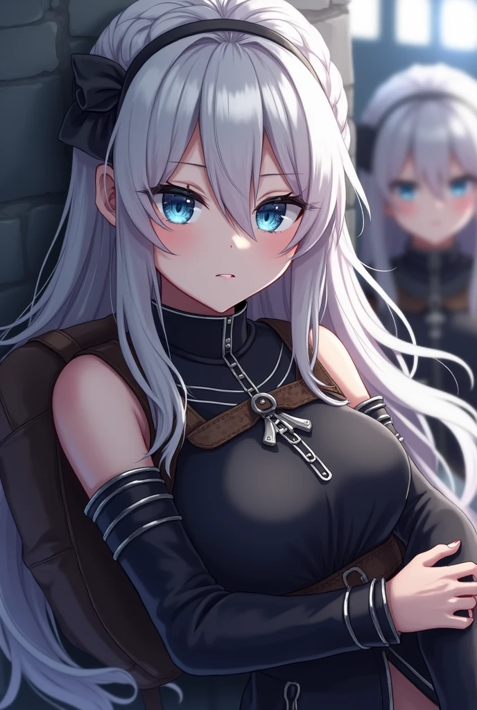anime girl, silver hair knight girl, small girl, silver metal armor knight, with metal hat, face on camera, tight shirt, show large chest, dark isekai, shy girl, pitiful face, face forward to camera, asking pose, pink cheeks, half body, body on iron chain, smile, blue sparkling eyes, show cleavage very big breast, zoom very big breast, face and breast in front, ensure she wear long pants, wet breast, watery breast, lay on grass, zoom front breast and face only, no nails, remove the nail, do not show the nails, girl tighten on iron chains like a slave, head pop up front, lot of iron chains, anime girl leans forward, lying grass