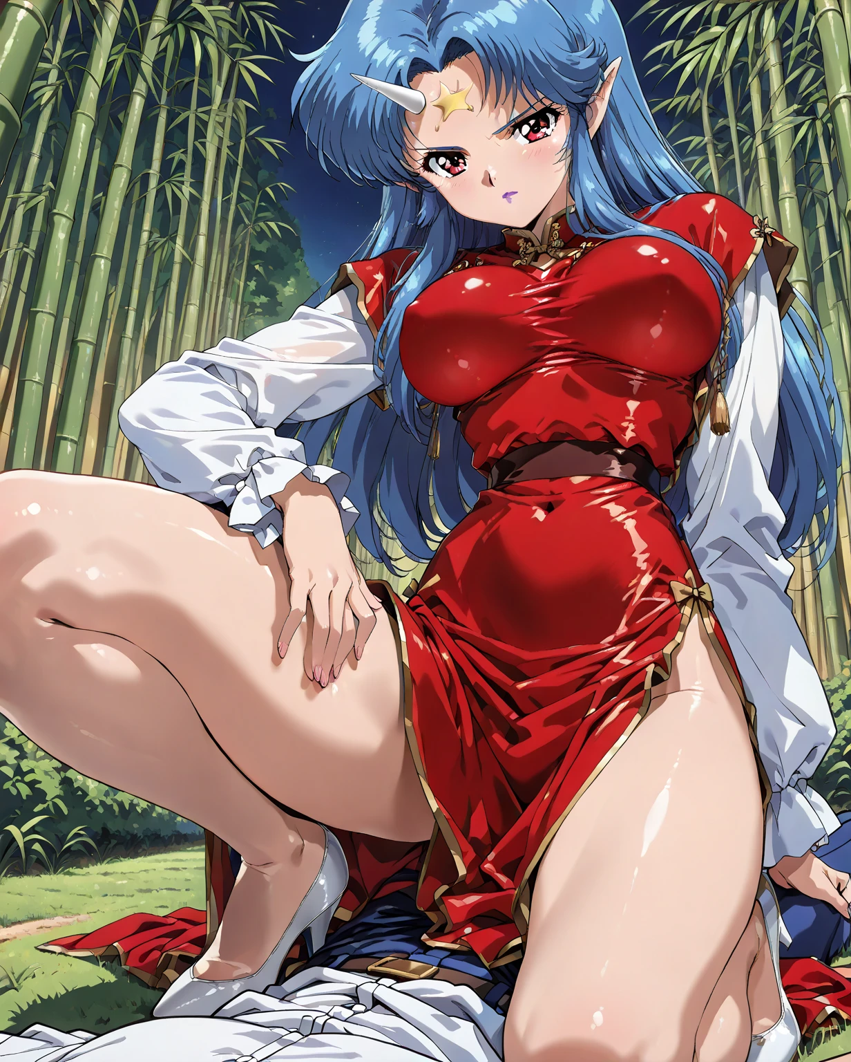 Beautiful 15 year old Chinese Kung Fu girl princess with short blue hair Gorgeous embroidery, Ultra glossy, She is wearing shiny red long sleeve floral pajamas.... She is lying on a red patent leather futon and showing her nipples
