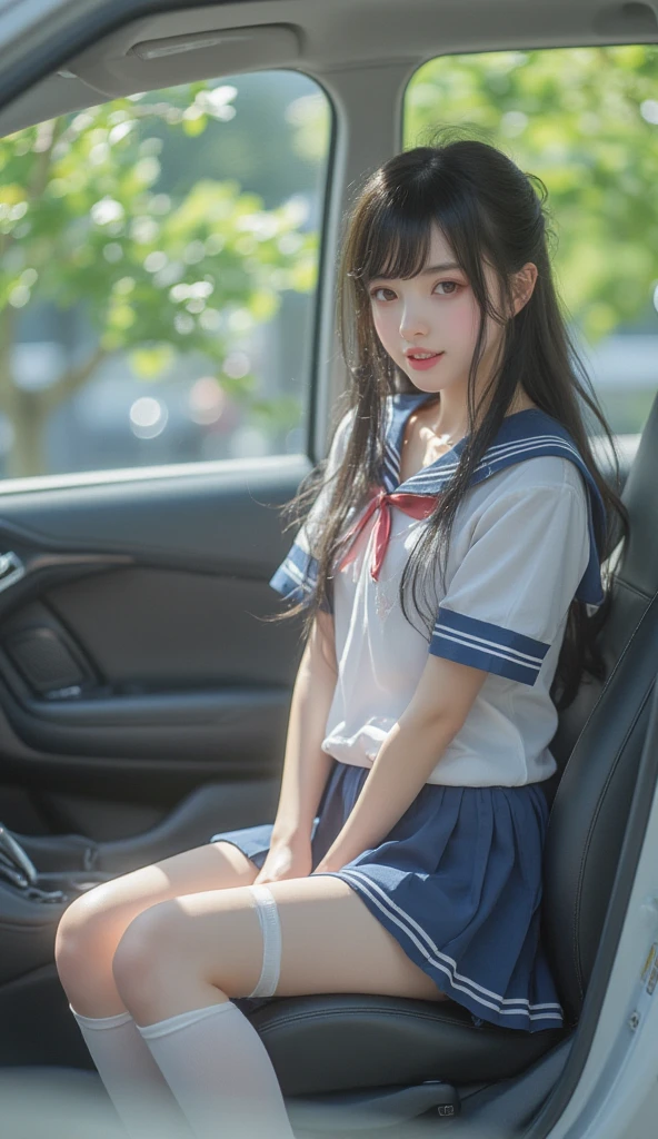 (18yo, young, cute:1.3), (japanese teen 1girl idol:1.2), ultra highres, real skin, Hyperrealism, glistening skin, professional photograph, (absurdres:1.4), 8K, (RAW photo:1.2), (extremely detailed clothing), (extremely detailed legs), best quality, ultra detailed, absolutely resolution, (face is shiny:0.8), (shiny skin:0.8), best hands, nice hands, perfect hands, BREAK、A high school girl in a sailor suit is sitting in a car seat、Flip up your skirt、Showing her white lace panties、Realistic Skin、Glowing Skin、Sexy look、Long black hair、White short-sleeved sailor suit、Navy Pleated Skirt