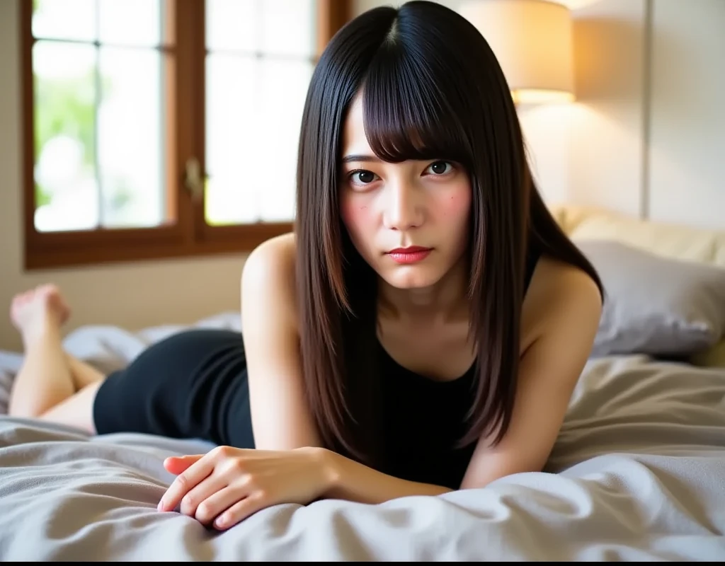 Ultra Realistic, Best Quality, 16k, Masterpiece, Black Haired woman, 32 years old, White Skin, transparent Black spaghetti straps Satin Dress, garter belt, stockings, Baby Face, cutest face, Small, Slender, in dark techno club with pink and teal neon lights, full body