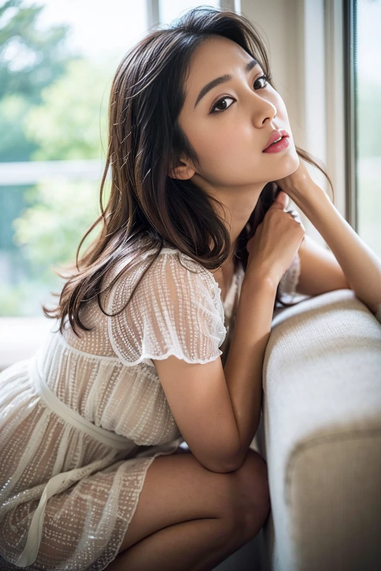 Dark brown hair、Light brown eyes、Japanese actress、 Lady、I am about 40 years old..、(Intricate details:1.2)、(Which one is on top??:1.4)、 (Ultra-high resolution:1.2)、Ultra-high resolution、(Finely tuned)、(Detailed facial features)、Hmph、8K resolution、D cup size breasts、Long Hair、Large windows、Extravagant space、relax、、,Full body photo、Head to toe shot、Beautiful legs、Camisole dress、Beautiful legs、A refreshing room filled with sunlight、she, household items, (plant:0.8), Fashion Hub, Extreme Detail, Very detailed, Realistic, Hourglass-shaped body, Obscene pose,、、私 cry a lot、tears、person on the left、White wall、White floor、diagonally from below、Please lift your chin、テーブルの上にsit、relaxした表情、Pose of Weakness、(auraroid photo:1.2)、From outside the window、Transparent Painting、8K、32k、Highest quality、(Details of both eyes)、1 Girl、elegant、(Loose dress :1.4)、sunset、sit、(Low Angle、From what angle do you see this?:1.2)、Hilarious、Leaning against a wall、