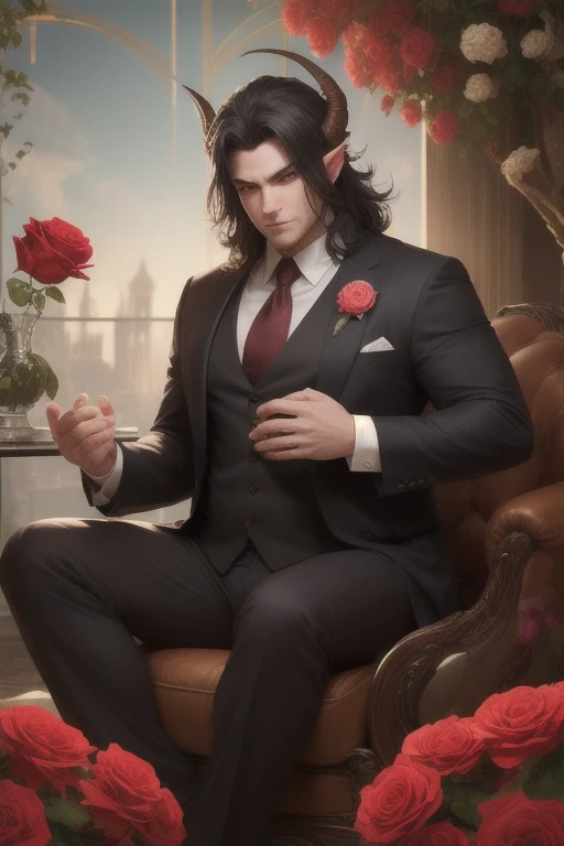 Handsome male, purple hair, short hair, detailed body, detailed hands, horns, expressionless, arrogant expression, red eyes, roman nose, almond eyes, red tuxedo, black shirt, black tie, cocky, nightfall, handsome, bushy brows, pointy ears, ear piercings, rings, good looking, tattoos, dark skin, brown skin, charming, good quality, huge bulge in pants, manly, sitting on throne