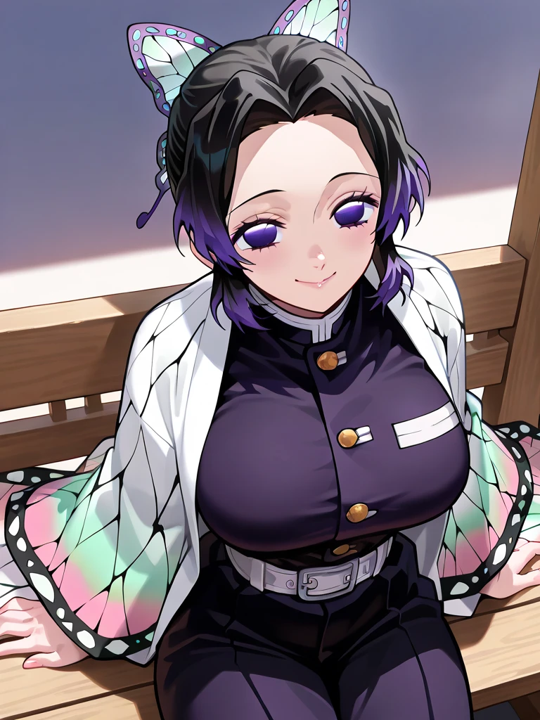 Kochou Shinobu, 1girl,masterpiece, multicolored hair,sleeveless, (gigantic breasts:1.2),(curvy:1.5),(ShinobuDB:1.2), purple eyes, beautiful eyes,black jacket,buttons, (completely covered breats:1.4),( shirt:1.5),(pants:1.3),(black skirt:1.5,uniform:, white haori:,multiple butterflies:1.5), laked sunset, lens flare, perfect lighting, highest quality, hands behind, thick thighs, medium breasts, highest quality, high resolution.