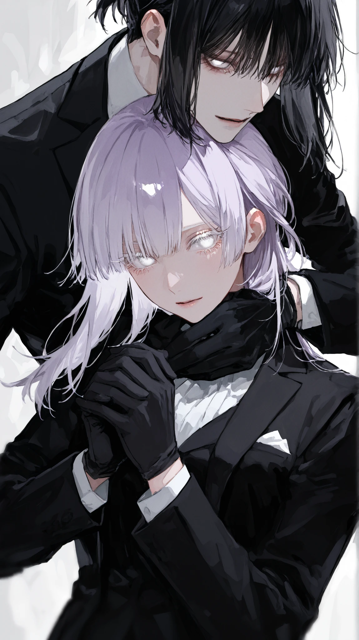 High Definition one woman black suit black gloves big light purple hair with bangs that cover his eyes Hair with long back hair and short side hair Pure white eyes White eyelashes tall good style Bewitching Creepy holding hands