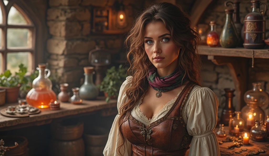 1girl, belviso, , braid, lips, long hair, looking at viewer, messy hair, orange hair, 
1200AD Tavern, serving wench, rags dress, torn, shredded, cleavage. large breasts, 
half body shot, realistic, solo, sexy, bondage straps.
sexy, seductive. low key lighting, side lit, dark, dramatic lighting, action pose. leaning in to intimidate viewer. seductive.