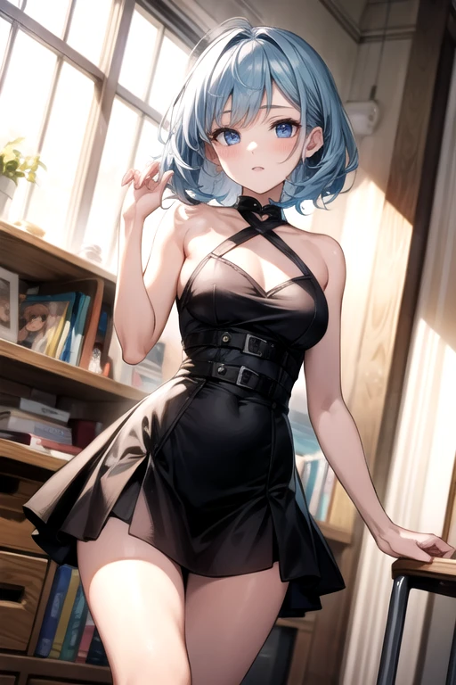 Cute girl , blue  hair , Patchwork face , black clothes , One dark blue eye and one gray eye , adult girl , full body , Light blue hair , Patchwork face, stitched face, torn face