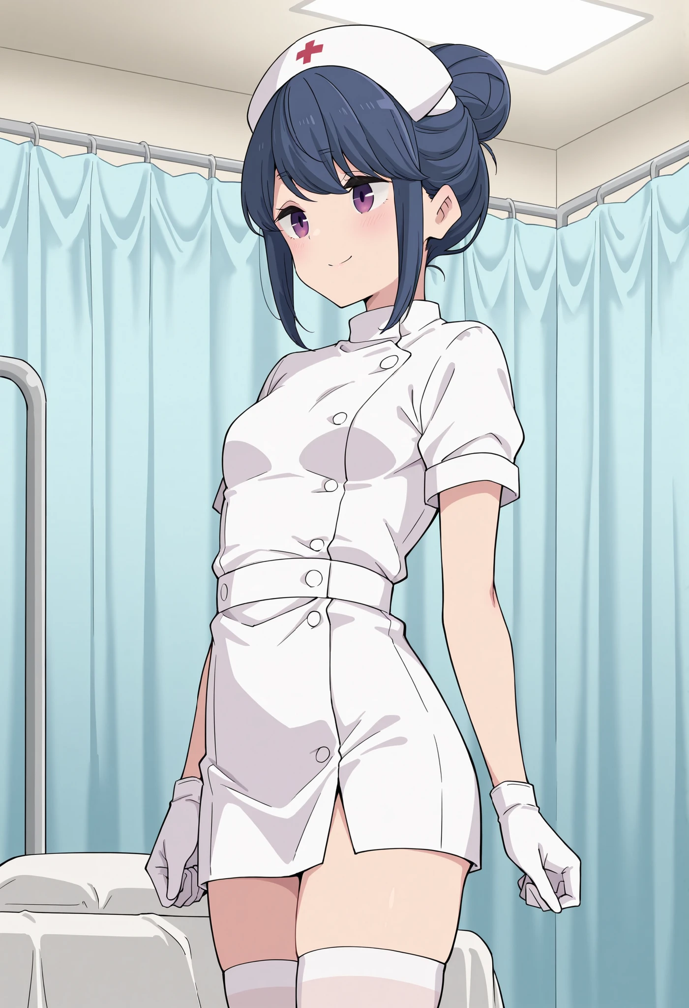 Score_9, score_8_up, score_7_up, source_anime, rin shima, solo, single hairbun, sidelocks, dark blue hair, purple eyes, small breasts, (best quality), (high quality), {masterpiece}, extremely delicate and beautiful, ultra-detailed, beautiful detailed eyes, nurse, nurse hat, ((white nurse's outfit)), white gloves, white thighhighs, hospital room, smile, closed mouth, standing