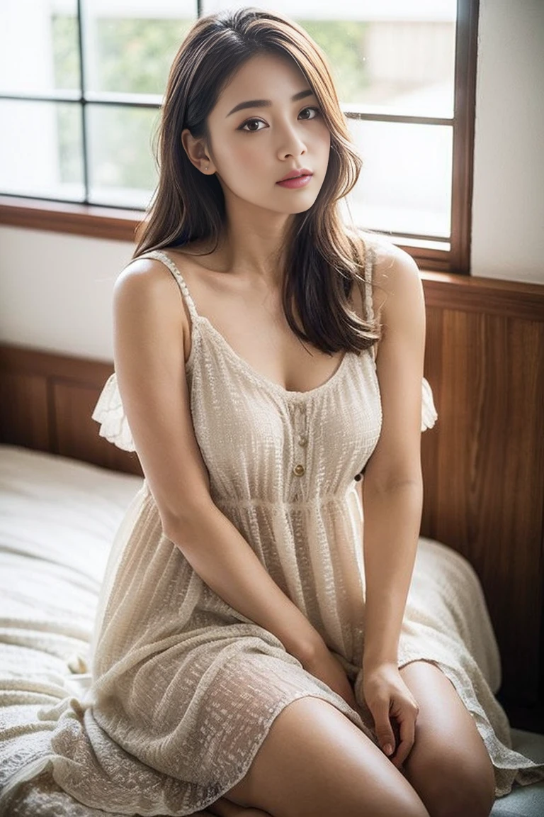 ((highest quality, masterpiece :1.3)), Photorealistic、Ultra-high resolution、Natural skin texture、Hyperrealism、Reflection from the waist up、Beautiful Japanese girl in her early teens、One girl、Nightgowns with transparent skin、Lying in bed、bondage with rope、Frightened expression、Tears flowing