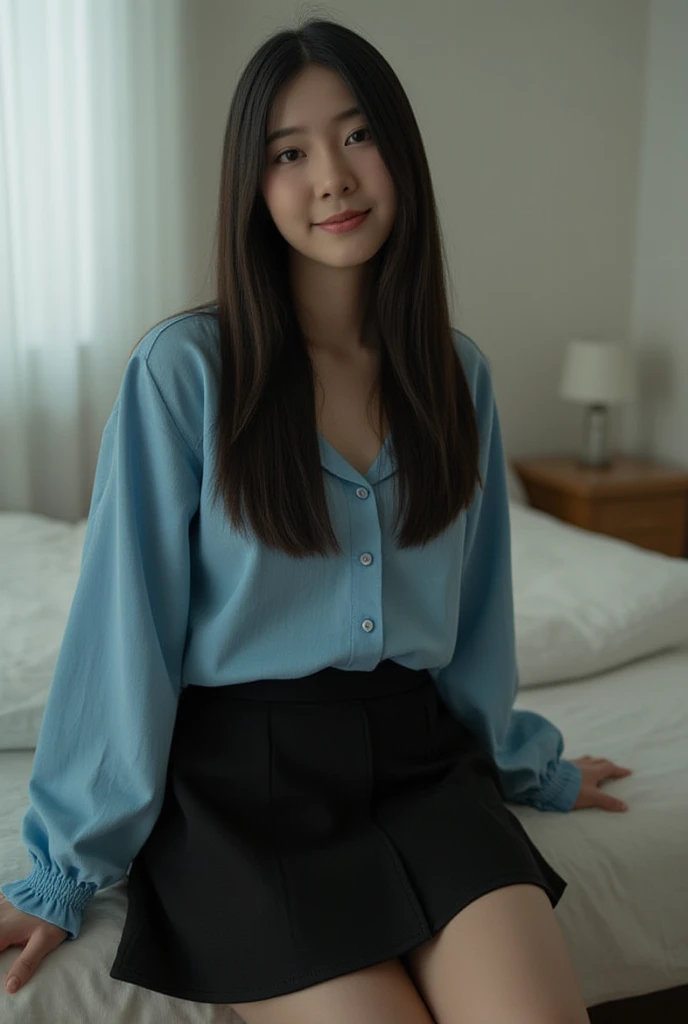 (masterpiece、Highest quality、Very detailed),alone、Natural body shape、White skin、Natural Makeup、Black Hair、bangs、Straight Long Hair、、(expensive 、Beige long sleeve cardigan、White blouse、Blue plaid pleated skirt)、、(Big Breasts:1.3)、((The upper body is wearing a uniform))、(((((Looking into the camera)))))、(((Portrait from head to knee)))、(((Exposing your thighs)))、Bedroom、On the bed、Sitting、((Focus on the crotch))