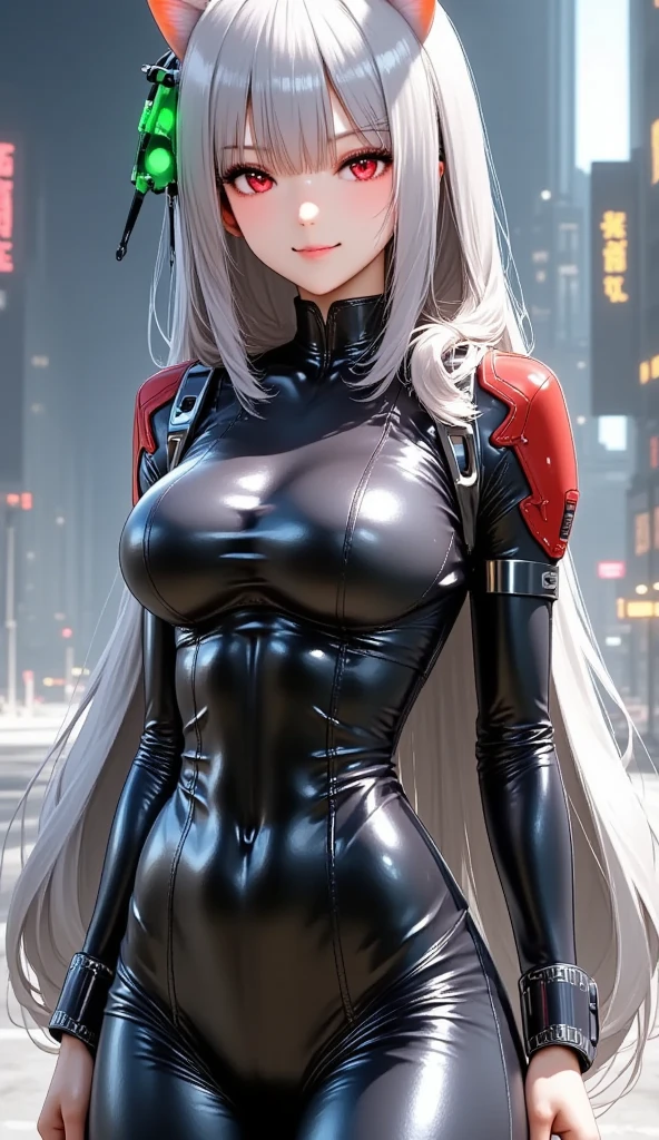 1 girl, narrow waist, silver hair, blue eyes, huge breasts, thighs, make up, Red lips, short smile, jewelry, black bodysuit with latex print, armor, Science fiction, hair ornament, cowboy shot, standing, straight, outdoor, (evening:1.2), panoramic view, cyberpunk, city, realist, Photo \(half\), Photo background, realist skin texture, detailed background, beautiful and detailed works of art,