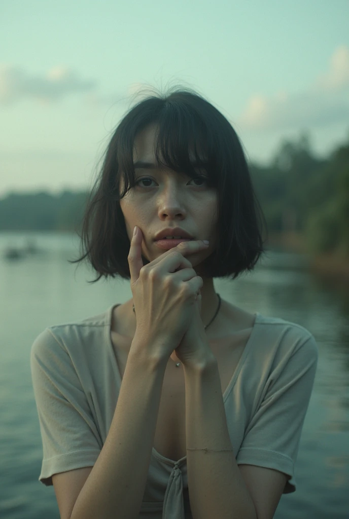 the night, darkness, a closeup of a. tormented by her lust, A woman drowns in a swamp, (Cramped swamp, The size of a small puddle:1.3). Forest vegetation around. stands, sandwiched among thickets of reeds and shrubs. We see, How it sinks. Jeans, косуха, short hair