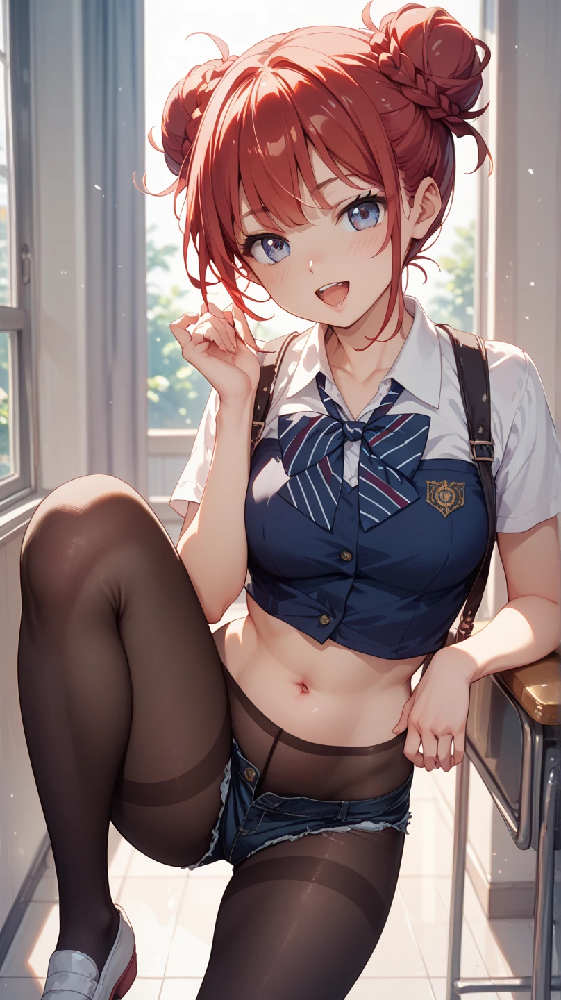 (top-quality、in 8K、32K、​masterpiece、nffsw、超A high resolution、Impresionismo、Photorealsitic:1.2)、Colossal tits、cowboy  shot, detailed faces and eyes、 Inside the classroom、Schools、Evening glow、beauitful face、blurry backround、16-year-old beautiful girl、shinny skin、Medium Hair、beautiful orange hair、Blunt bangs、blue eyess、(grin、Wink:1.2)、a sailor suit、pleatedskirt、Curve、(I think I can take off my skirt、Pull off your shirt、The bra is visible、I can see panties:1.3)、thighs thighs thighs thighs、dynamicposes、a choker