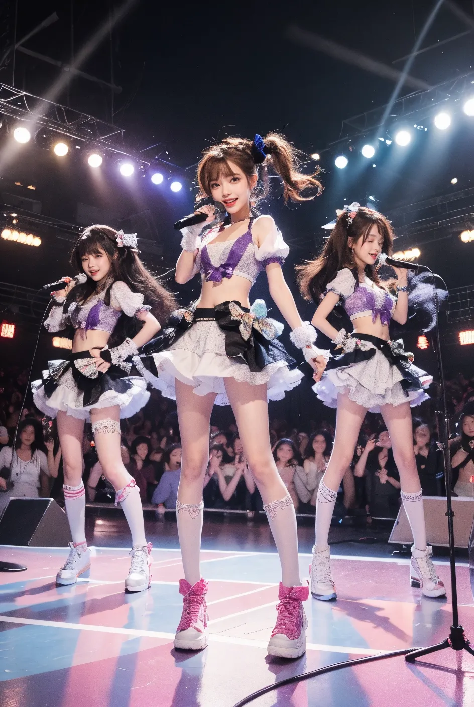 Pay attention to navigation, ((masterpiece)), ((highest quality)), (highly detailedな), ((Cute)), Cute, (Multipoint), ((Sexy)), (device), ((very detailed)), 4k, (8k), highest quality, (Beautiful), hyper Cute face, shape, Animated style,hyper Authenticistic, Authentic, Dynamic angle, ((full body)) , close up, thick outline, light outlines, on stage, (three girls, 3 Mignon girls:1.5), (Idol costumes:1.5), Beautiful light brown hair, Beautiful brown eyes, ((Beau eyes)), Short hair, Big breasts, smile