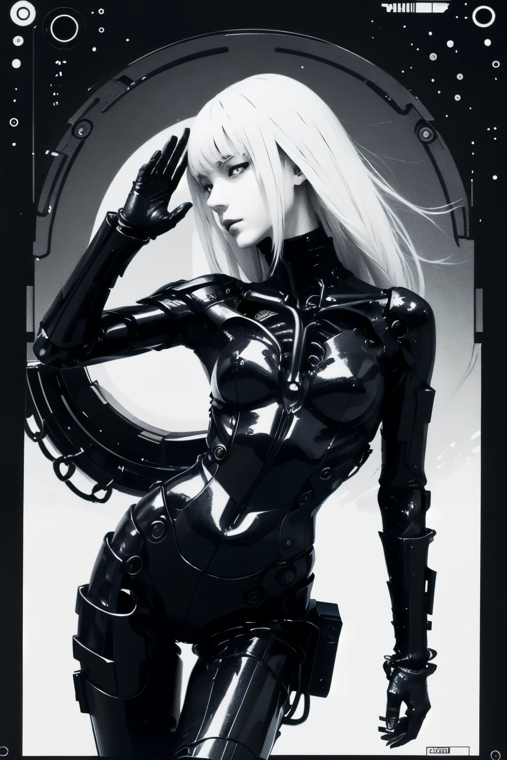 solo,blame, tsutomu nihei, by tsutomu nihei,movie, cibo, GBE,1girl ,ova, long hair, Platinum blonde hair,cybernetic female android, emotionless pale face, white long straight hair with blunt bangs, wearing black mechanical bodysuit with armored plating and segmented limbs, exposed robotic joints, detailed metallic textures, glowing indicators on the arm, sitting posture with one hand in salute, futuristic synthetic anatomy, elegant yet deadly, ultra-detailed illustration, inspired by Tsutomu Nihei and biomechanical manga aesthetics, monochrome palette with red blood stains, realistic manga character rendering