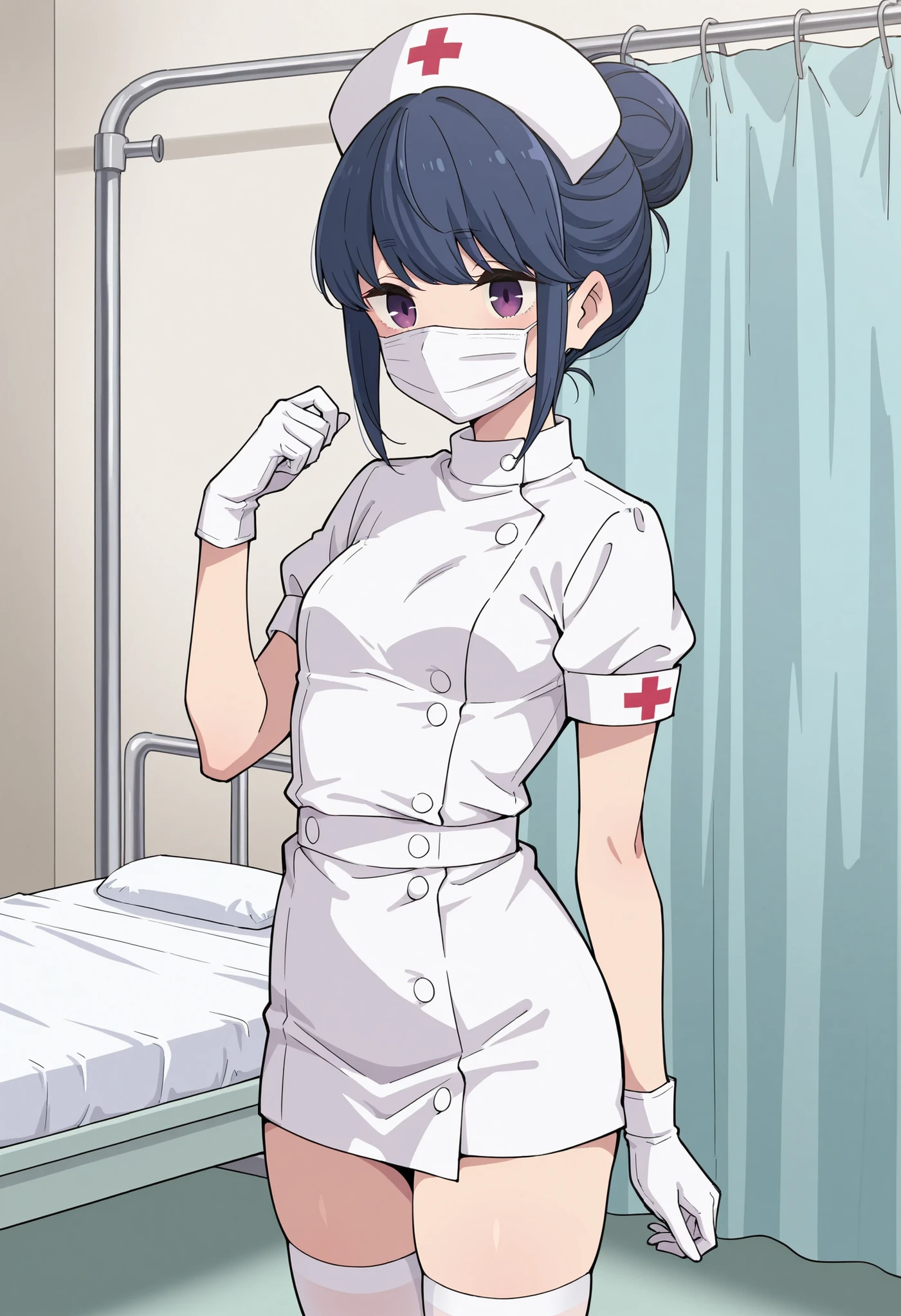 Score_9, score_8_up, score_7_up, source_anime, rin shima, solo, single hairbun, sidelocks, dark blue hair, purple eyes, small breasts, (best quality), (high quality), {masterpiece}, extremely delicate and beautiful, ultra-detailed, beautiful detailed eyes, nurse, nurse hat, ((white nurse's outfit)), white gloves, white thighhighs, hospital room, ((white mask, mouth mask, covered nose)), standing
