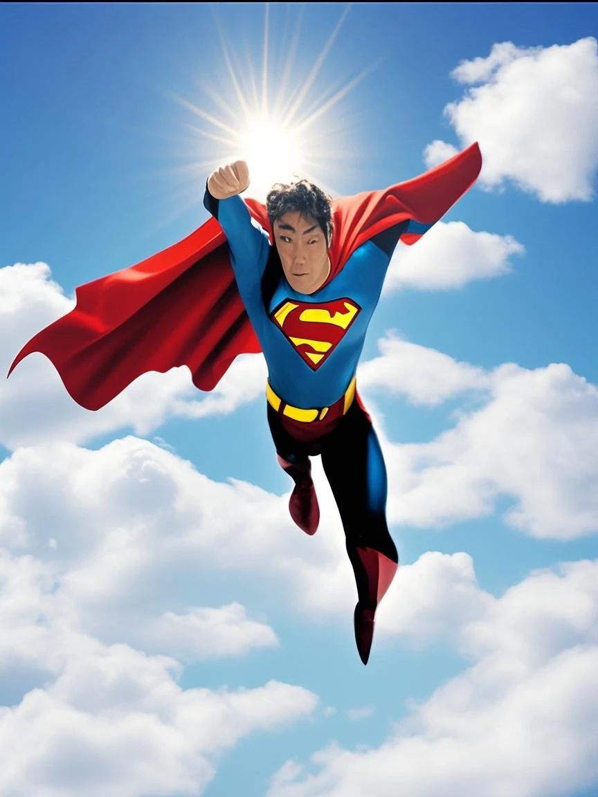 Superman flying in the air, ps1 style <lora:RetroJoyPS1:1>