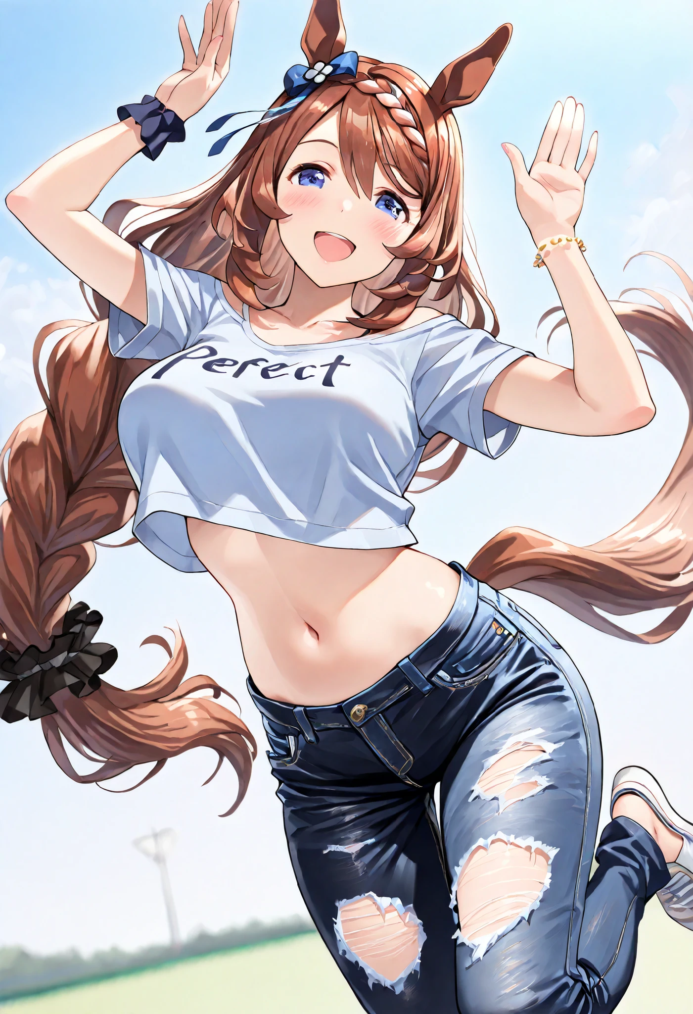 (masterpiece, best quality, perfect face:1.4), wide angle, super creek \(umamusume\), horse ears, ear ornament, horse tail, tail on the lower back, proportional body, proportional, beautiful hair, beautiful face, beautiful detailed eyes, beautiful clavicle, beautiful body, beautiful chest, beautiful thigh, beautiful legs, beautiful fingers, looking at viewer, BREAK, clothes writing, uma summer clothes, cropped t-shirt, navel, midriff, torn jeans pants, black jeans, bracelet, BREAK, blush happy smile (open mouth), textured skin, realistic skin, HDR, BREAK, umapyoi, hands up
one leg raised, good hands,