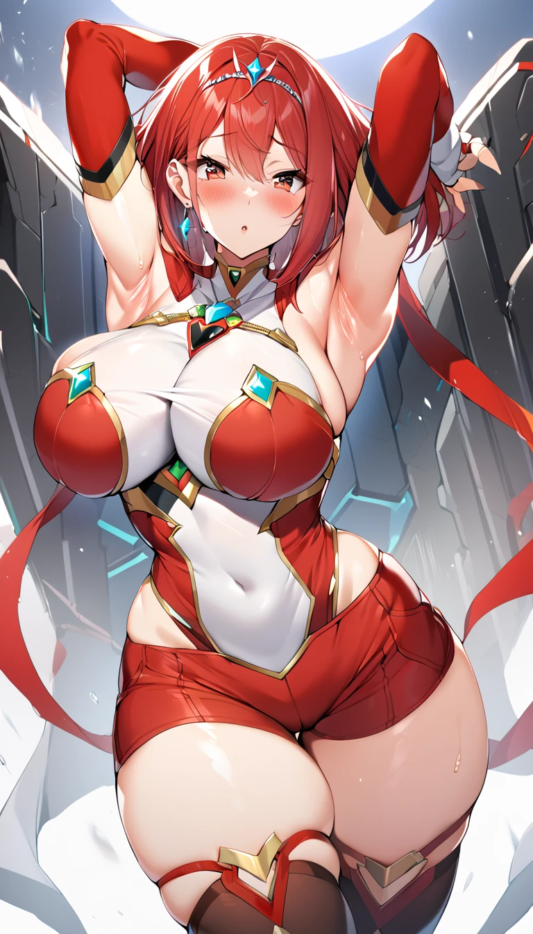 masterpiece,best quality,pyra,\(xenoblade\),xenoblade chronicles \(series\), (xenoblade chronicles 2),1girl, armor, bangs, black gloves, breasts, red eyes,earrings, eyelashes, fingerless gloves, floating hair, framed breasts, gem, gloves, hair ornament, headpiece, jewelry, huge breasts, leaning back, leotard, neon trim, official art, red hair, red shorts, saitou masatsugu, short hair, short shorts, short sleeves, shorts, sidelocks, skin tight, solo,swept bangs, thighhighs, tiara, turtleneck, underbust, vambraces,various pose,falling fire,thighs,(wet string bikini Armor wide hips:1.2),deep cleavage,potplant,messy, sitting,leg spread,open legs,smile,closed mouth,gigantic breasts,showing, transparent, see through, nsfw, hentai,girl urinating,embarrassed, dirty alley, correct anatomy, masterpiece, PERSPECTIVE bottom up,urine,no panties,no panties, alluring face:1.6), (aroused:1.5), shy, showing off, see through, flashing, nipplesout, breast milk, estrus, blush, erect areola, protruding areola, erection, Sex, Ahegao, (((breasts Focus)))