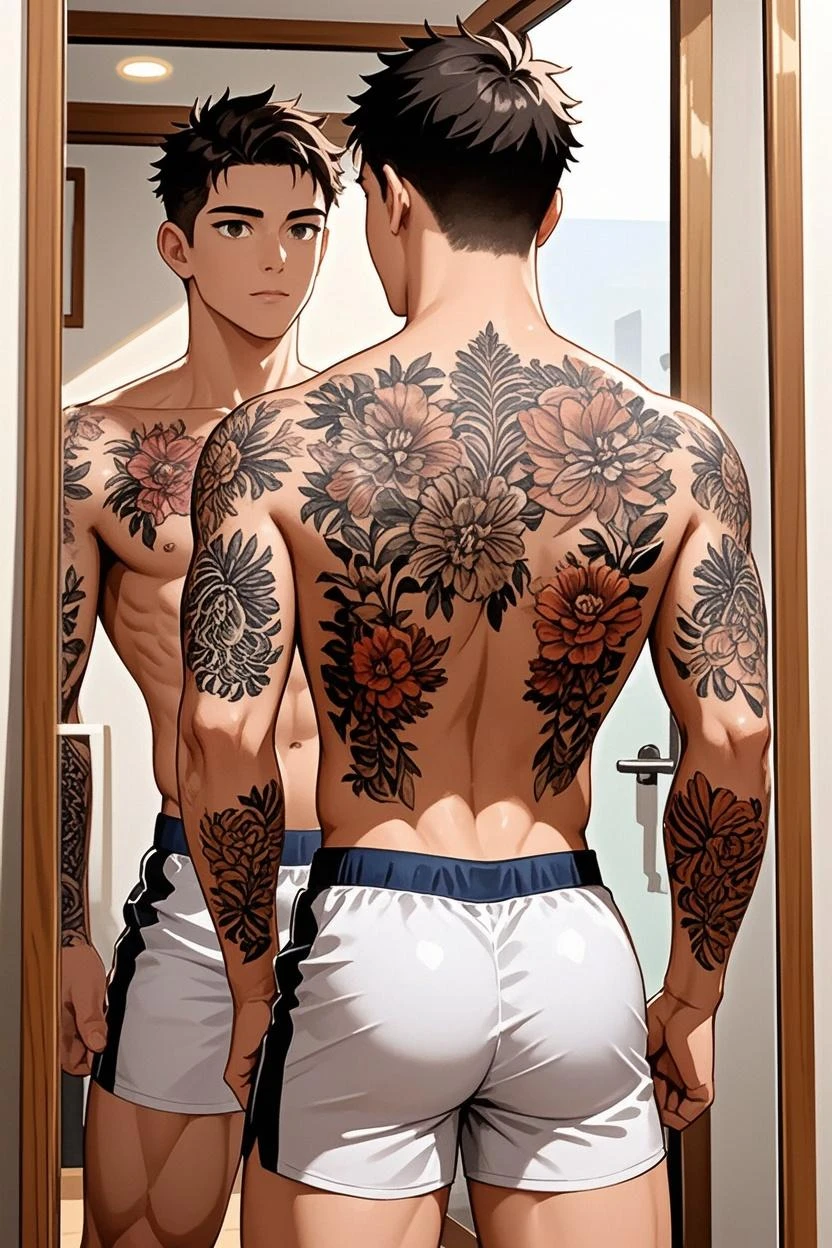 a middle-aged man with a full body tattoo, detailed tattoos covering his upper body, blonde hair, black eyes, necklace, wristwatch, cleft chin, solo shot from a slightly behind angle, natural lighting highlighting the intricate details of the tattoos, (Backpiece), (Back view), (look back),(🌺Pattern tattoo)