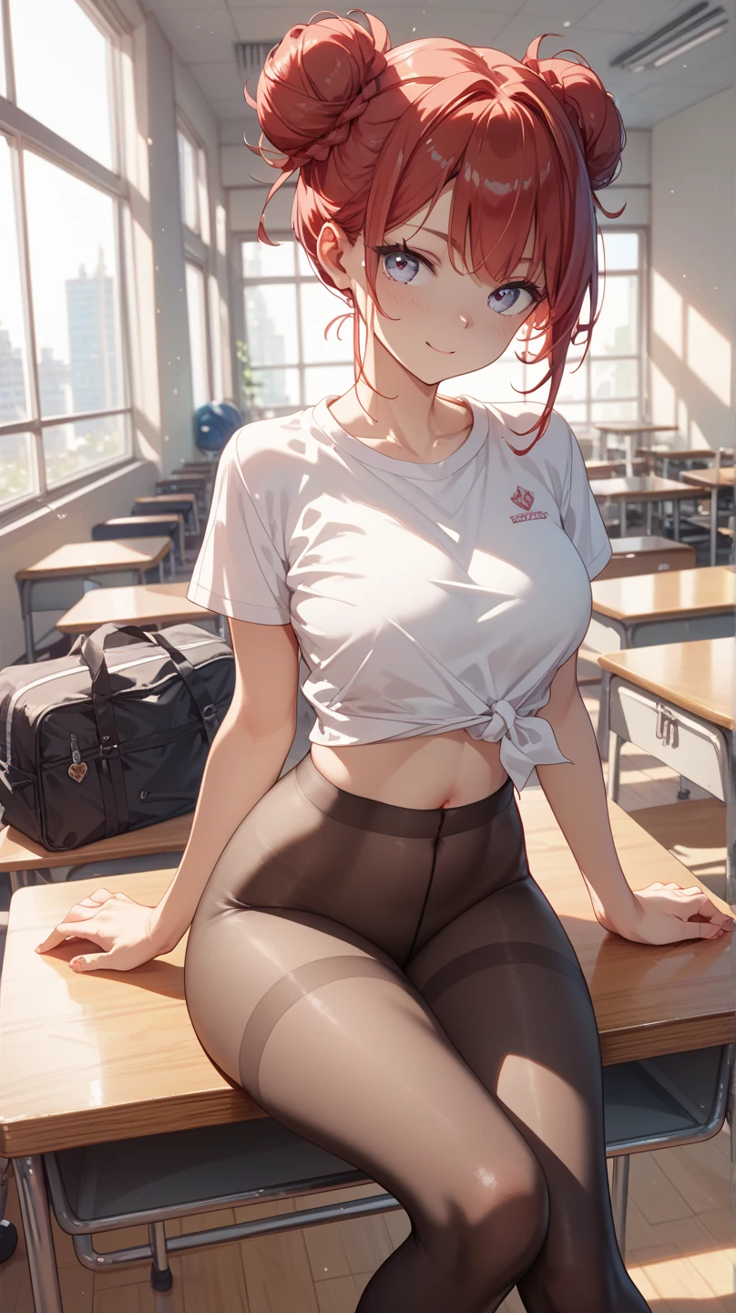 1girl, european girl, the bun hirstyle, light-brown hair, oversized white t-shirt, pantyhose, without lengire, standing, school gym, school