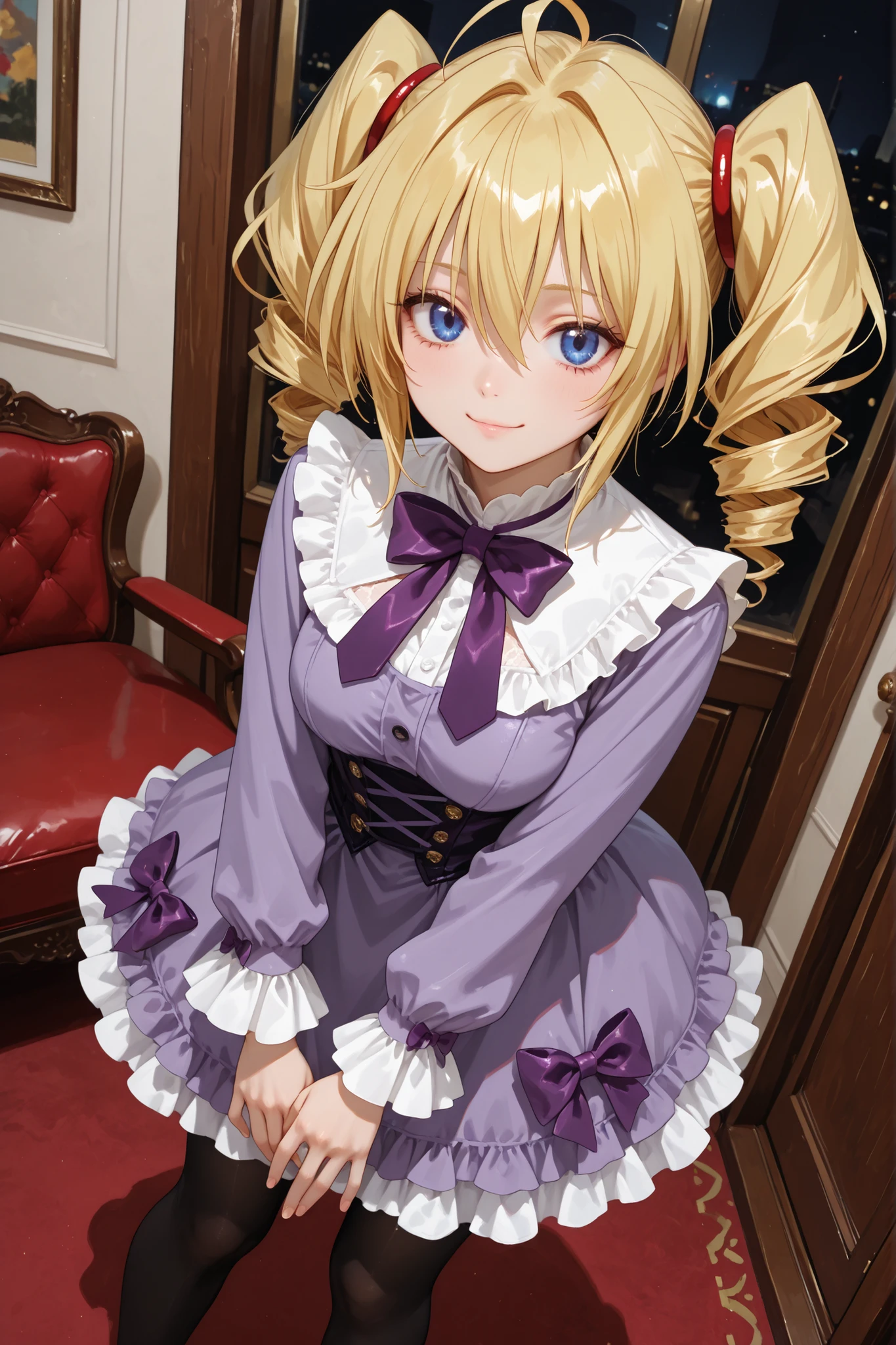 1girl, Ravel phenex, blonde hair, ahoge, twin drills, blue eyes, purple dress, long sleeves, purple bow, white collar, frilled dress, black pantyhose, in the living room, standing, looking at the viewer, attractive, gentle smile, beautiful, detailed hands, dynamic angle, dynamic pose, best quality, masterpiece, ultra detailed, very aesthetic