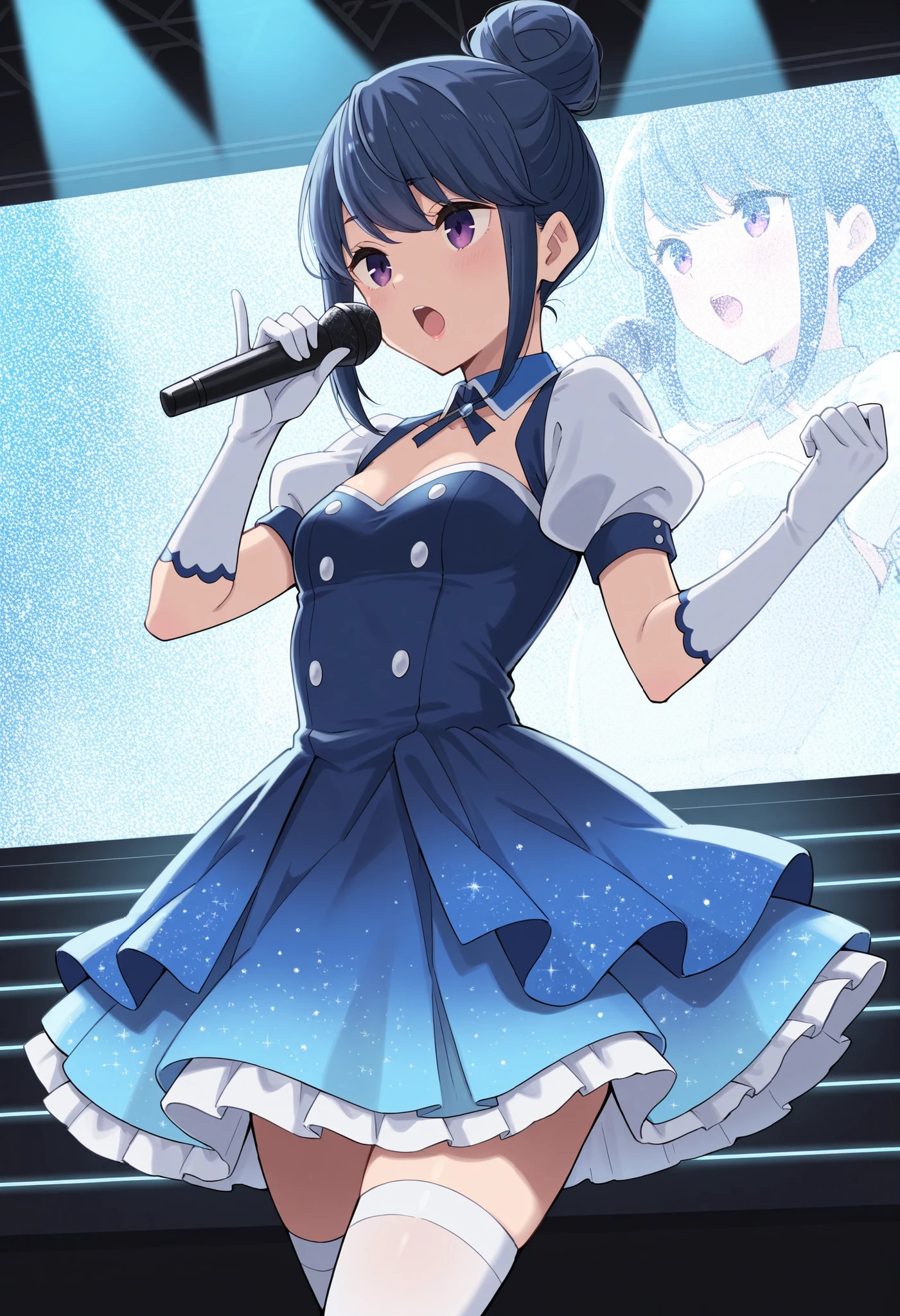 Score_9, score_8_up, score_7_up, source_anime, rin shima, solo, single hairbun, sidelocks, dark blue hair, purple eyes, small breasts, (best quality), (high quality), {masterpiece}, extremely delicate and beautiful, ultra-detailed, beautiful detailed eyes, idol, idol costume, blue dress, short sleeves, puffy sleeves, white elbow gloves, white thighhighs, holding microphone, on stage, screen, multi colored light, dynamic pose, singing, pink lips, open mouth