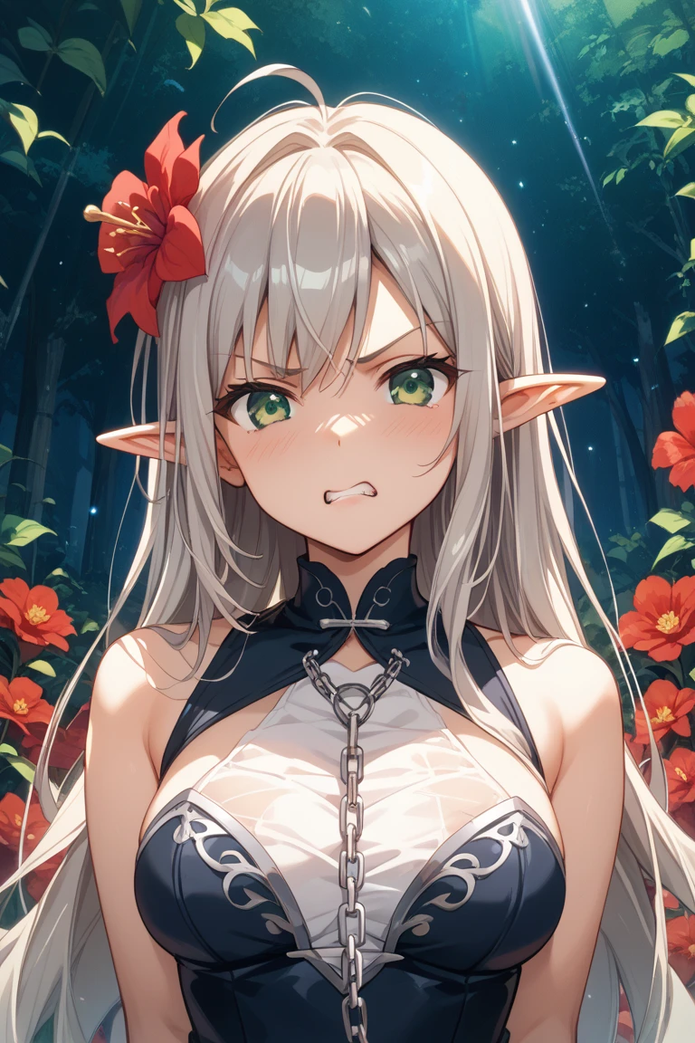 best quality, masterpiece, highres, solo, {maid:1.40}, {long maid dress:1.15}, {mudrock_arknights:1.15}, horns, long_hair, bangs, red_eyes, pointy_ears, white_hair, breasts, hair_ornament, infection_monitor_\(arknights\), large_breasts, upper_body, oripathy_lesion_\(arknights\), cleavage, jewelry, parted_lips, grey_hair, hair_flower