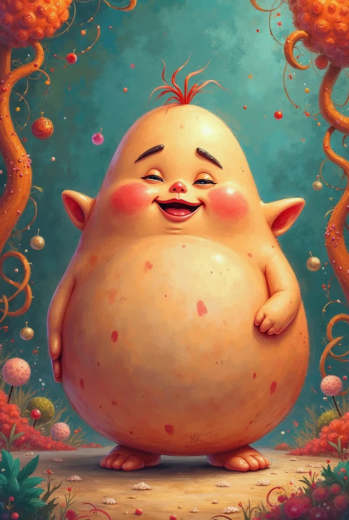 Chubby, good-natured spirit with lots of food and color around him