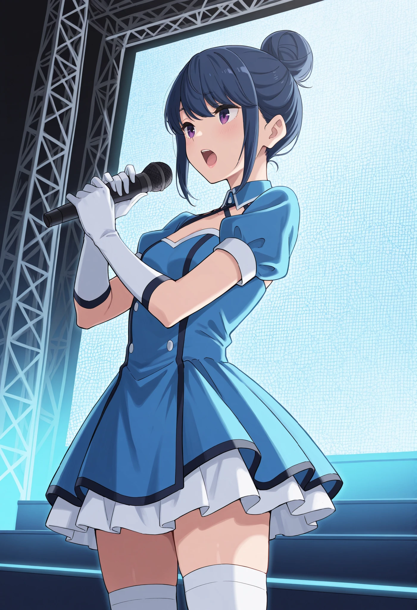 Score_9, score_8_up, score_7_up, source_anime, rin shima, solo, single hairbun, sidelocks, dark blue hair, purple eyes, small breasts, (best quality), (high quality), {masterpiece}, extremely delicate and beautiful, ultra-detailed, beautiful detailed eyes, idol, idol costume, blue dress, short sleeves, puffy sleeves, white elbow gloves, white thighhighs, holding microphone, on stage, screen, multi colored light, dynamic pose, singing, pink lips, open mouth