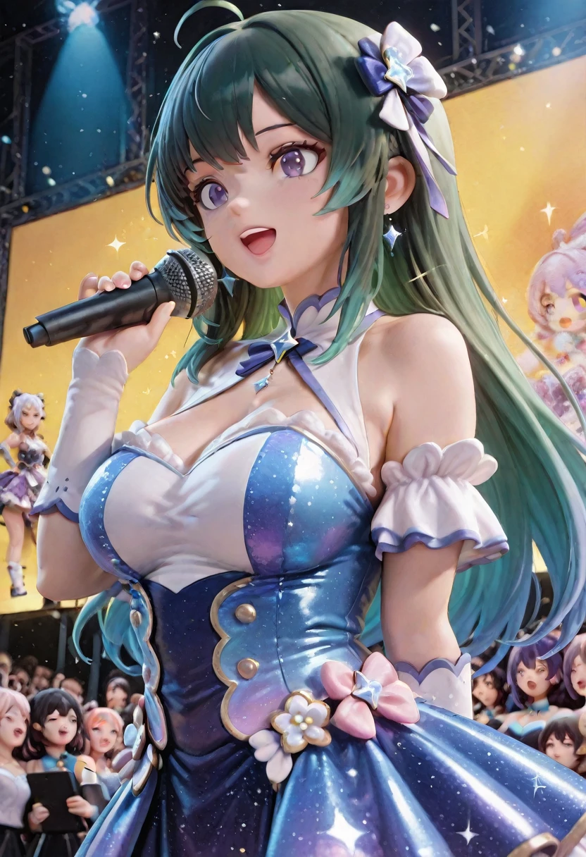 Hi res, masterpiece, 8k, nsfw, (Hatsune Miku | Virtual Singer), sexy curvy body, big breast, white latex micro bra, latex blue mini skirt, white fishnet stockings, blue high heels, smiling, sexual face, horny expression, on stage, squatt with legs open wide, night, stage illumination