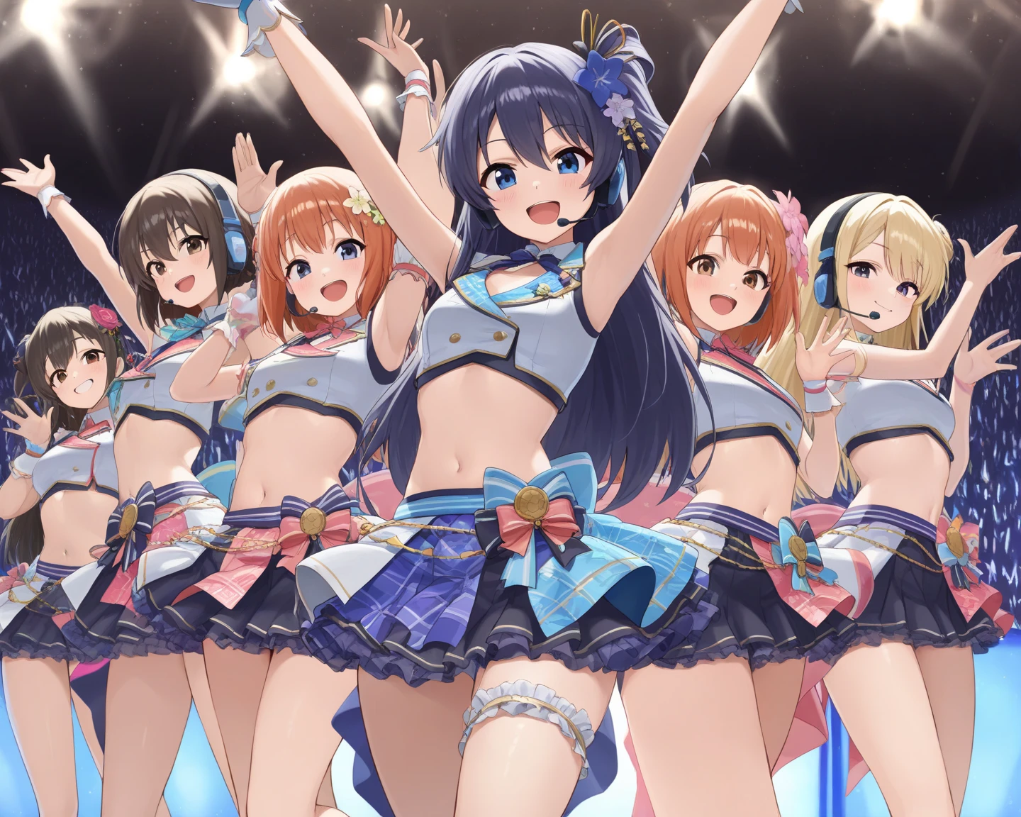 ((masterpiece、Highest quality、Official Art))、snap shot、Idol Concert、Concert Stage、(3 to 5 cute naked girls、12 years old、smile、sing、dance、Ribbon headband、Ultra mini skirt:1.2、Idol Costumes:1.2 )、Exposing the breasts、Hair of different colorr.々Hair style、(((Full nudity、Pussy、cute)))、(Sweat a lot、Glowing Skin)、Anime key visual, ((The characters are unique))