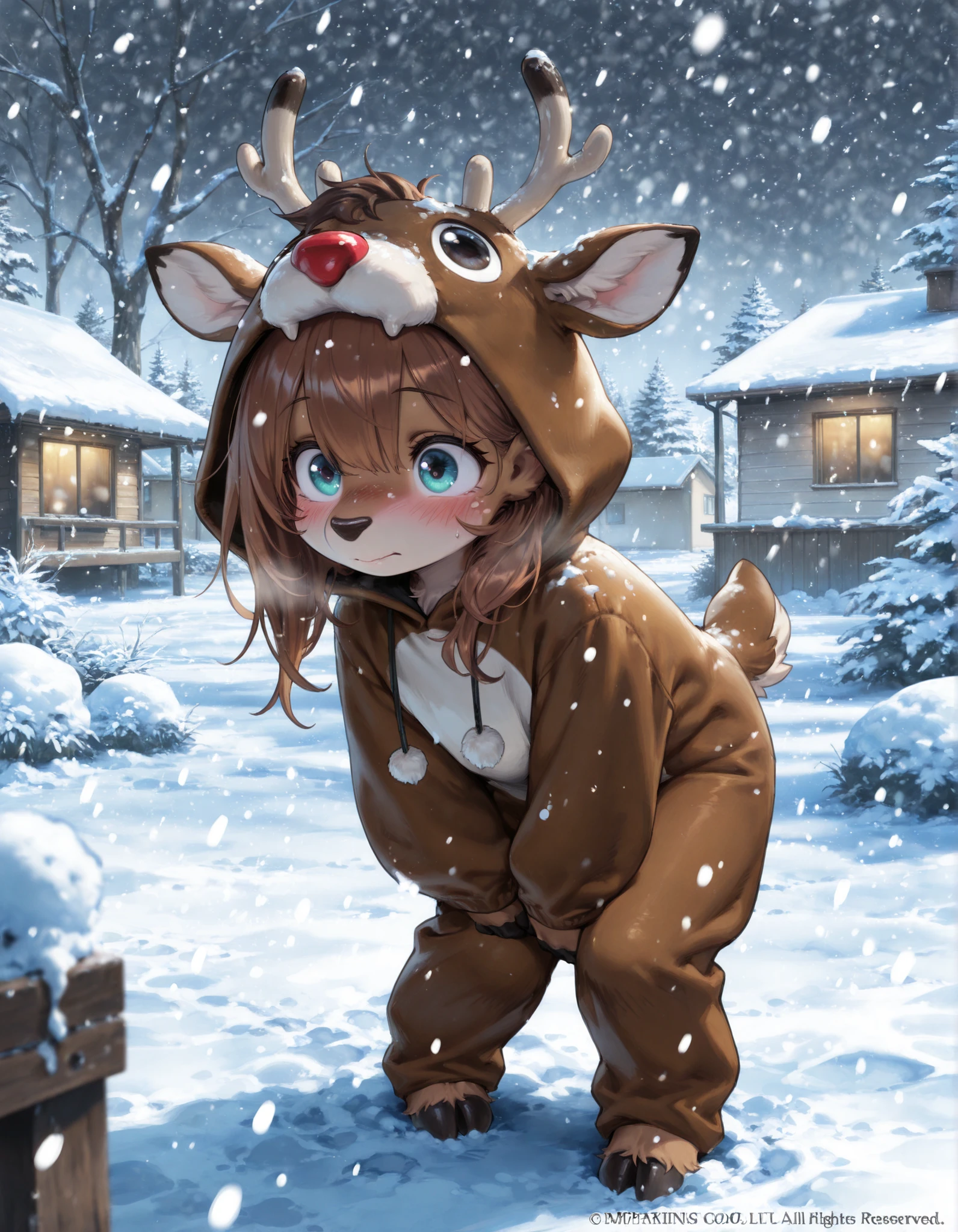 ((ultra-detailed)), ((best quality)), ((beautiful eyes)), ((extremely detailed)), best quality, (beautiful), Master piece, highres, best quality, official art, highres, masterpiece, newest, ",, "cobaltlotte, solo, 1girl, blush, embarrased, furry, closed mouth, brown hair, young,","reindeer costume, antlers, deer ears, outside house, snow, snowing, standing, suburbs,",, "masterpiece, best quality, amazing quality, very aesthetic, absurdres, detailed background, detailed foreground, detailed eyes, detailed clothing, detailed hair, detailed shading"