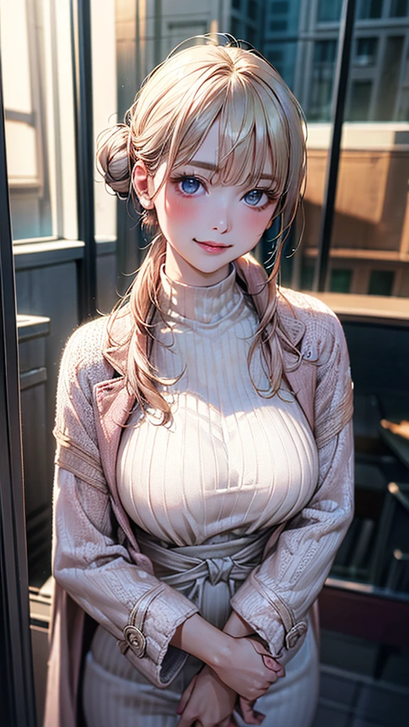(Masterpiece, BestQuality:1.3), (ultra detailed:1.2), (hyperrealistic:1.3), (RAW photo:1.2), High detail RAW color photo, professional photograph, (Photorealistic:1.4), (realistic:1.4), professional lighting, perfect anatomy, (Big Breasts:1.2), (blush, detailed face), (cheerful Smile:1.5), Trending Hair&Trending Hairカラーをランダムに, earrings, necklace, bracelet, sexy, erotic sexy, Random sexy gravure poses, (Beautiful woman wearing a white turtleneck and jeans。The background is an urban cafe。A relaxed smile on your face。Her hairstyle is medium curls and pink.。: 1.3)