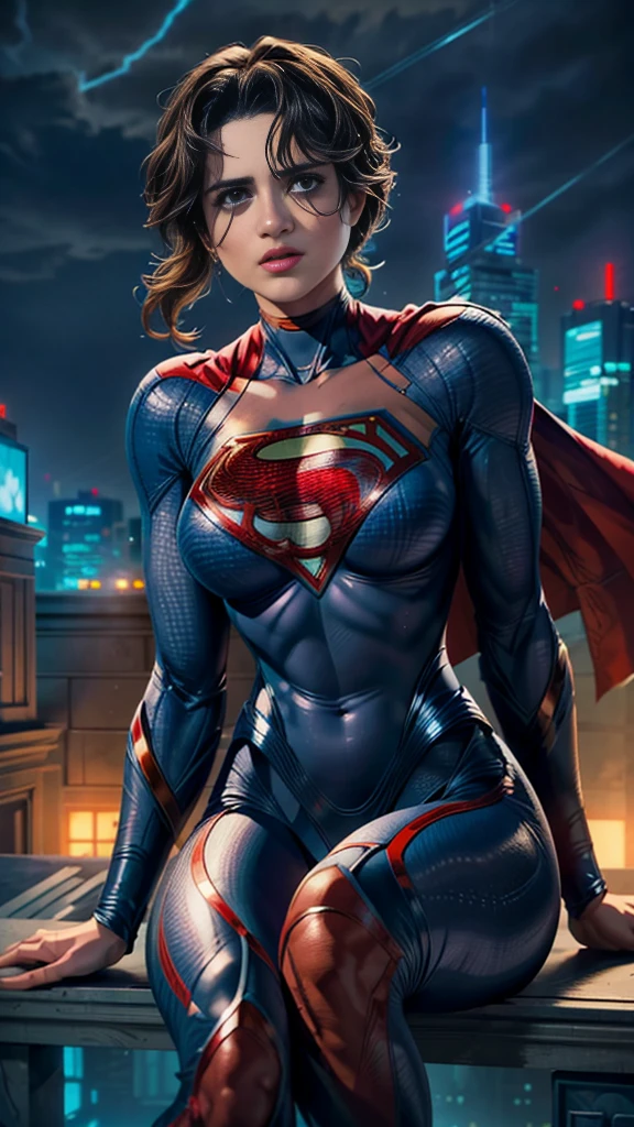 supergirl, sitting on a rooftop building, lost in deep thought, looking at the city, perfect eye, beautiful highly detailed eyes, beautiful light blue eyes, both eyes are similar, beautiful detailed lips, extremely detailed face, detailed Supergirl tight suit, tight figure, big round breasts, D cup Breasts, tight bust, dynamic pose, cinematic lighting, epic cityscape, moody atmosphere, dramatic shadows, vibrant colors, photorealistic, 8k, best quality, hyper detailed, masterpiece