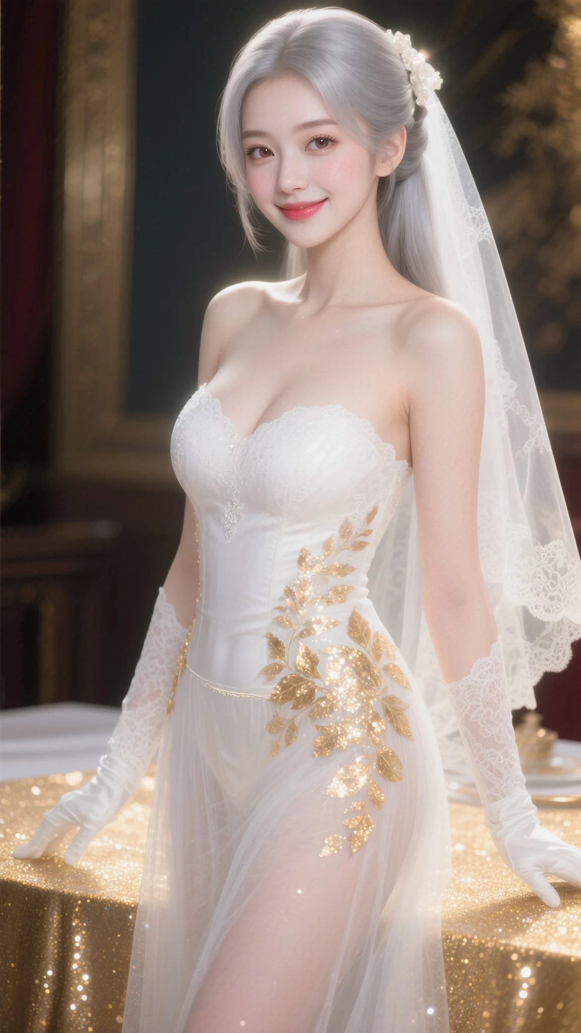 Unbeatable masterpiece, Ultra photo realsisim, Perfect artwork, Intricate details, Best quality, Strong light,High contrast, Dynamic Angle, dancing pose,Dynamic skirt, (((Contre-Jour))), glowing hairs, beuaty girl, Blurred background, Smile, Red_Hair, breeze, (((Diamond_necklace, wedding gown))),