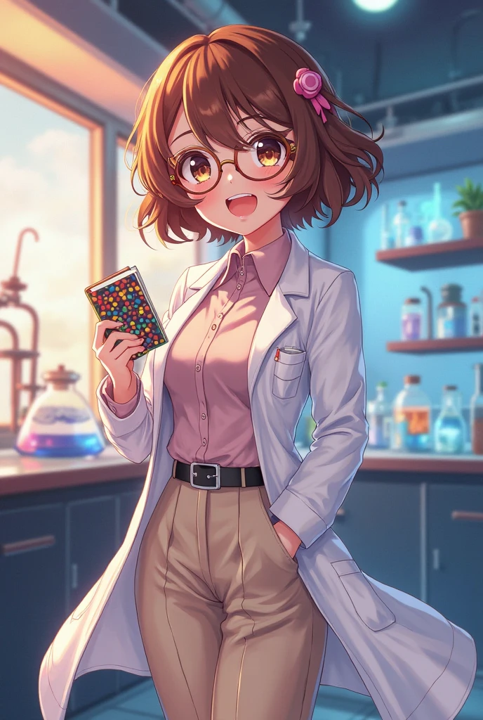 A cheerful and charismatic anime girl wearing a white scientist lab ...