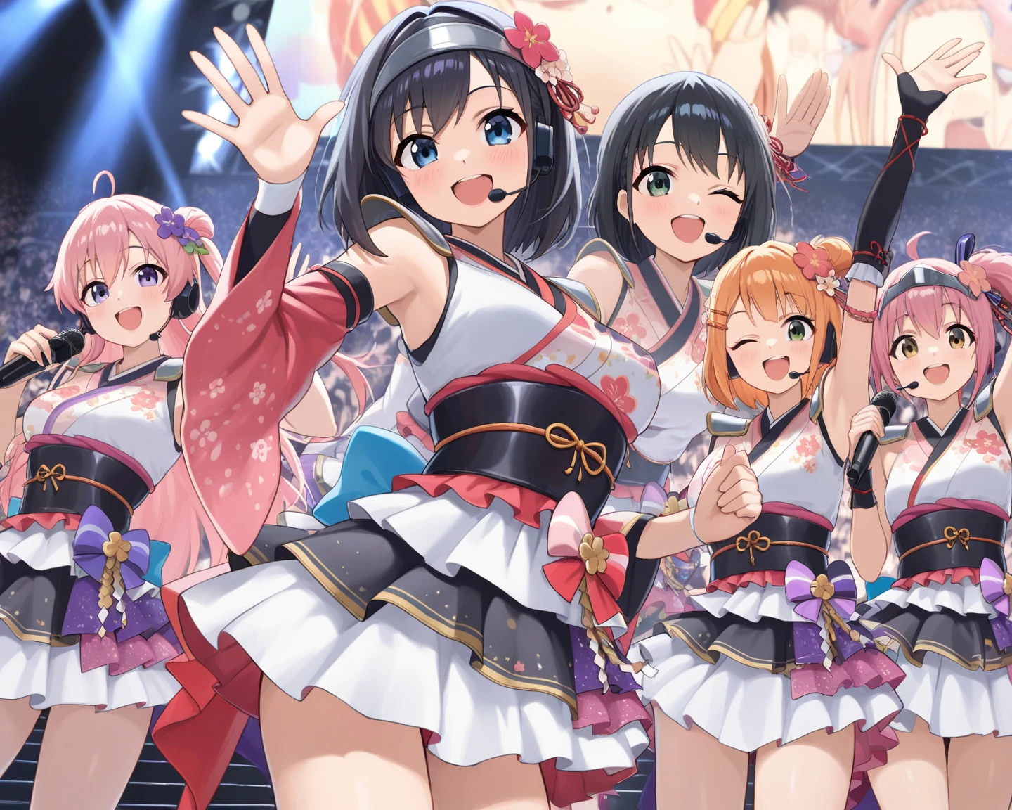 Masterpiece, super high quality anime style illustration. Rio de Janeiro Samba Carnival, ((Two Japanese Samba Dancers)), ((Two very cute girls)), ((Smiling and dancing)), colorful hair, bob, short. Black eyes, perfect makeup. Revealing outfit, straight legs, standing with attractive legs together, arms raised up to appeal to the audience.