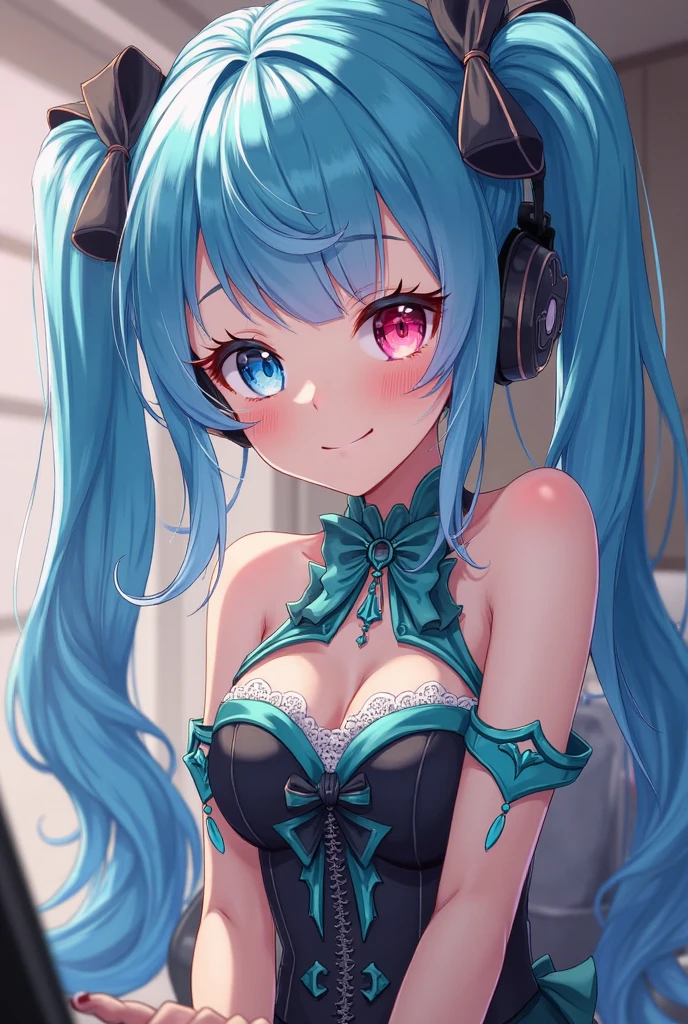 crystal hair, devil horns, Earphone, eyeball, Rabbit ears, crazy, anime big breast, Anime style, Monet, Masterpiece, ccurate, Anatomically correct, High details, High quality, Award-Awarded, A high resolution, 16k