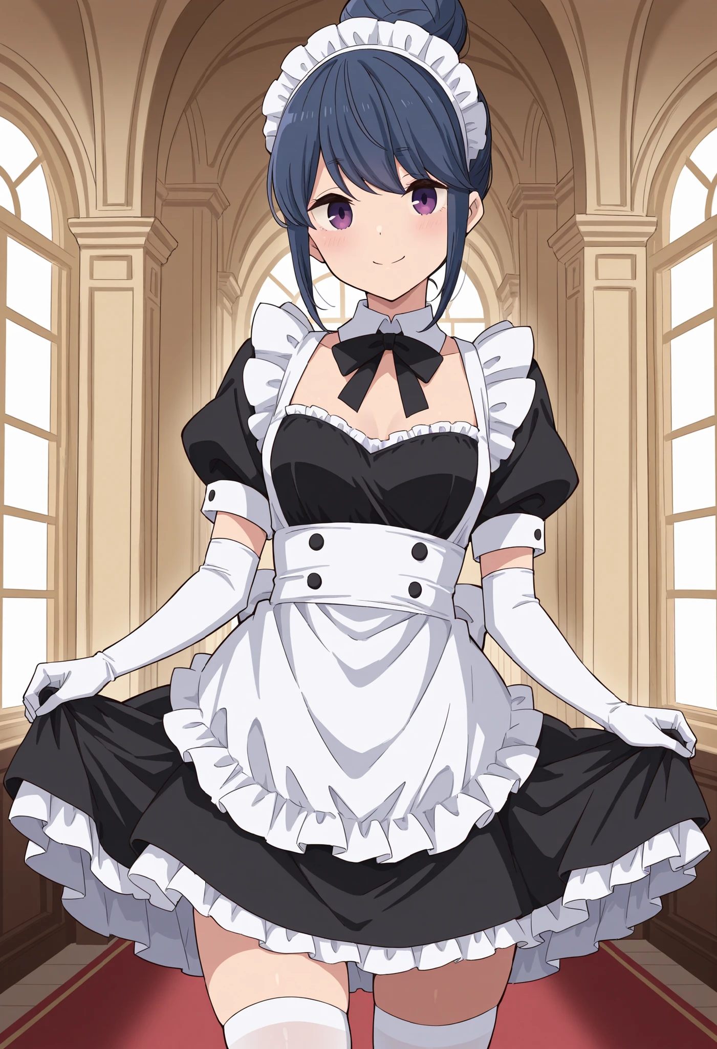 Score_9, score_8_up, score_7_up, source_anime, rin shima, solo, single hairbun, sidelocks, dark blue hair, purple eyes, small breasts, (best quality), (high quality), {masterpiece}, extremely delicate and beautiful, ultra-detailed, beautiful detailed eyes, maid, black maid costume, short sleeves, puffy sleeves, white headdress, white frilled apron, white elbow gloves, white thighhighs, mansion, indoor, smile, closed mouth, standing