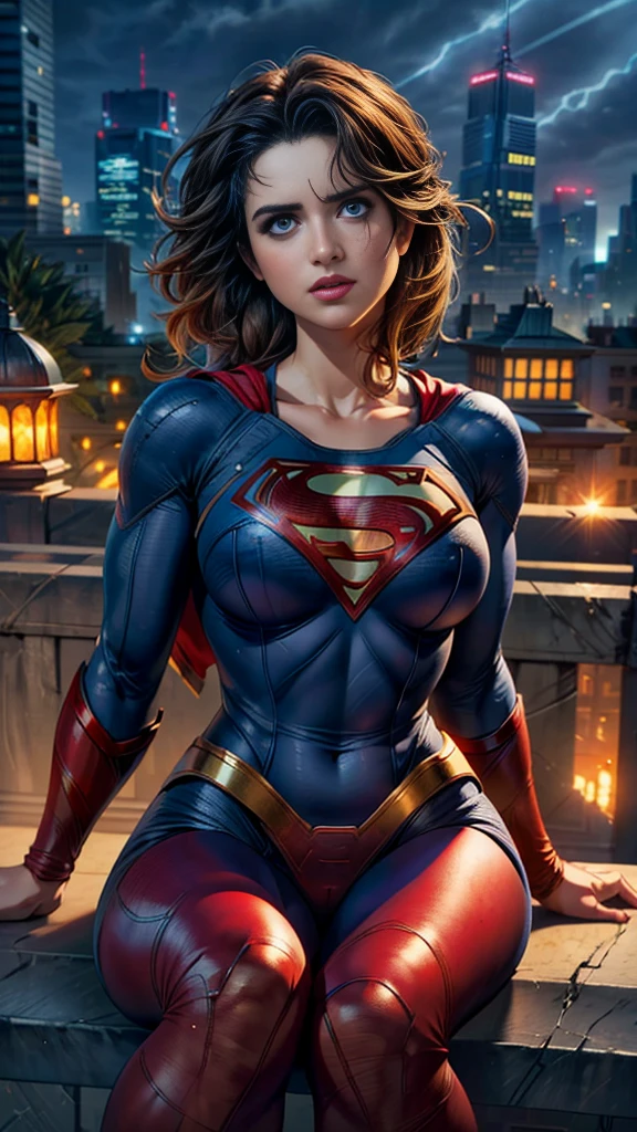 ((mais alta qualidade)), ((Obra de arte)), (estar familiarizado com), (High definition), (realista), (realista), (melhor sombra), baixo contraste, (Complex:1.4), side lighting, 8K, ((Melissa Benoist)), ((Super garota)), rosto perfeito、detalhado、(Accurate representation of hands and fingers)、mulheres supergirl、loiro、corpo gordo、seios grandes、Cintura apertada、bunda grande、glamoroso、glamoroso、(agachado)、nsfw, tirando a calcinha、((Tocando sua vagina com os dedos:1.2)), (masturbation:1.0), vagina real, Olhos fechados、(vergonha:1.2)、suando、vista frontal、dia、building roof、The background is skyscrapers and blue sky