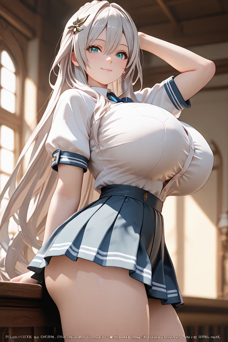 schoolgirl, huge breasts, a slim body, press, nude, Sexy, beautiful, Romantic, Lovely, beautiful, Gentle, thin long legs, white long hair, Magical World, stockings, golden boardchain, earrings