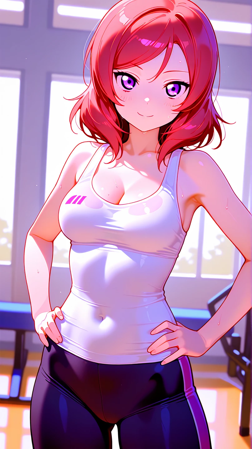 (masterpiece, best quality, ultra-detailed), 1girl, red hair, pale skin, locker room, tank top,  (embarrassed:1.5), large breasts, penis, chastity cage, bottomless, arms behind back