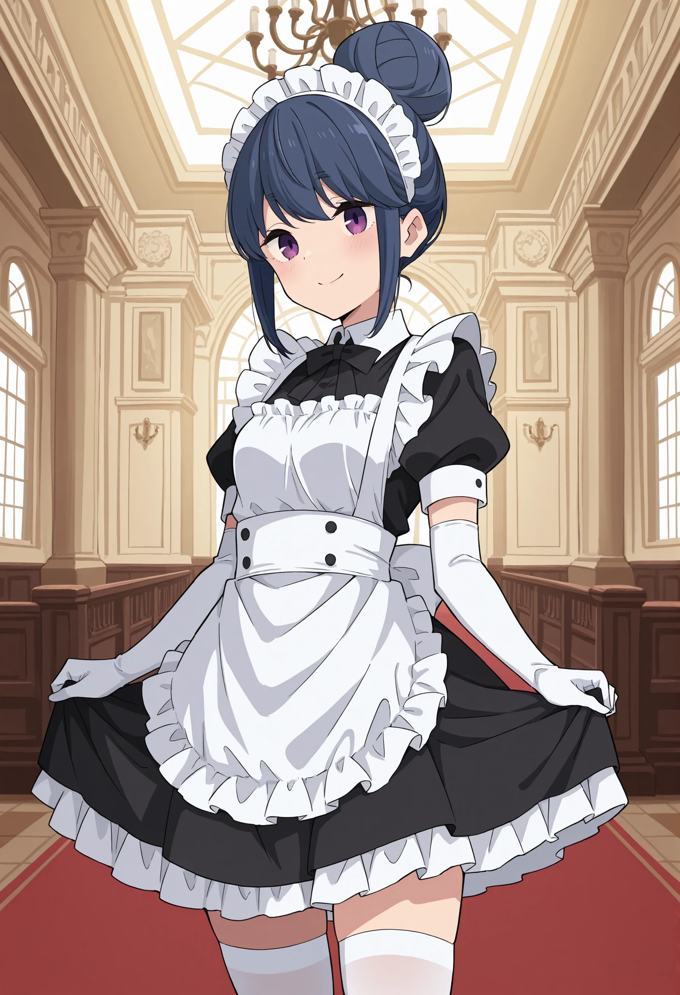 Score_9, score_8_up, score_7_up, source_anime, rin shima, solo, single hairbun, sidelocks, dark blue hair, purple eyes, small breasts, (best quality), (high quality), {masterpiece}, extremely delicate and beautiful, ultra-detailed, beautiful detailed eyes, maid, black maid costume, short sleeves, puffy sleeves, white headdress, white frilled apron, white elbow gloves, white thighhighs, mansion, indoor, smile, closed mouth, standing