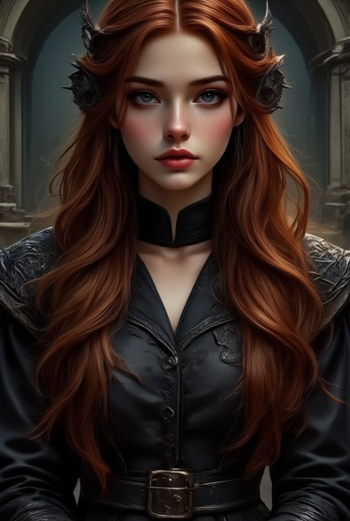 A red-haired woman, green eyes, assassin class, wearing skintight black leather outfit, realistic, award-winning digital art, Energetic, (insanely detailed: 1.5), full body photography, 20 megapixels, anon eos r3